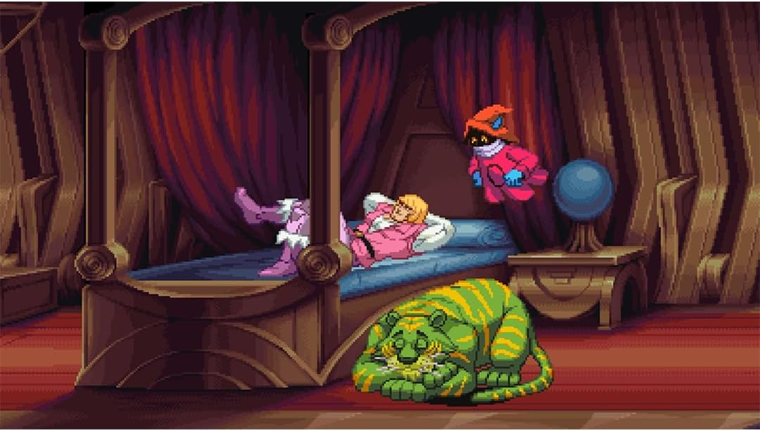 Escena de arte pixelado con un personaje rubio en la cama, un tigre verde durmiendo y una criatura roja flotando.