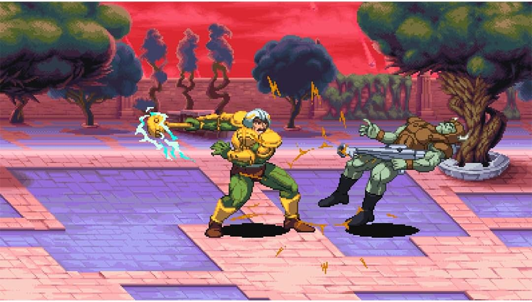 Juego de lucha en pixel art: Un guerrero con armadura dorada golpea a un rival que vuela hacia un árbol.