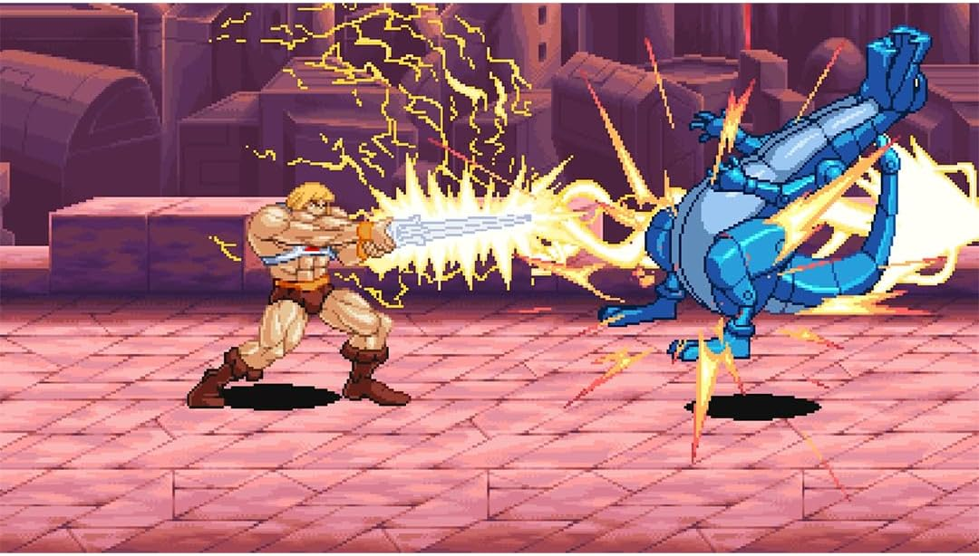 Arte en píxeles de He-Man atacando a una bestia robótica azul con una espada brillante.