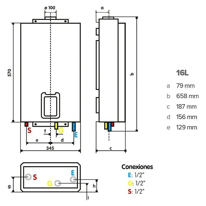 Dibujo técnico de un calentador de agua con dimensiones y detalles de conexión.