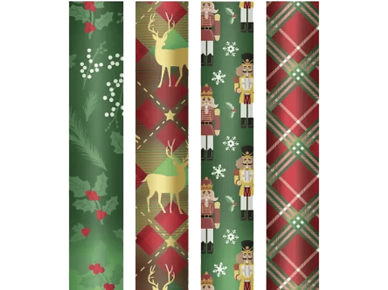 Papel de regalo - CAMPUS Navidad, 1 rollo, 4m x 70cm, Tonos rojos, verdes y plateados, Modelo aleatorio