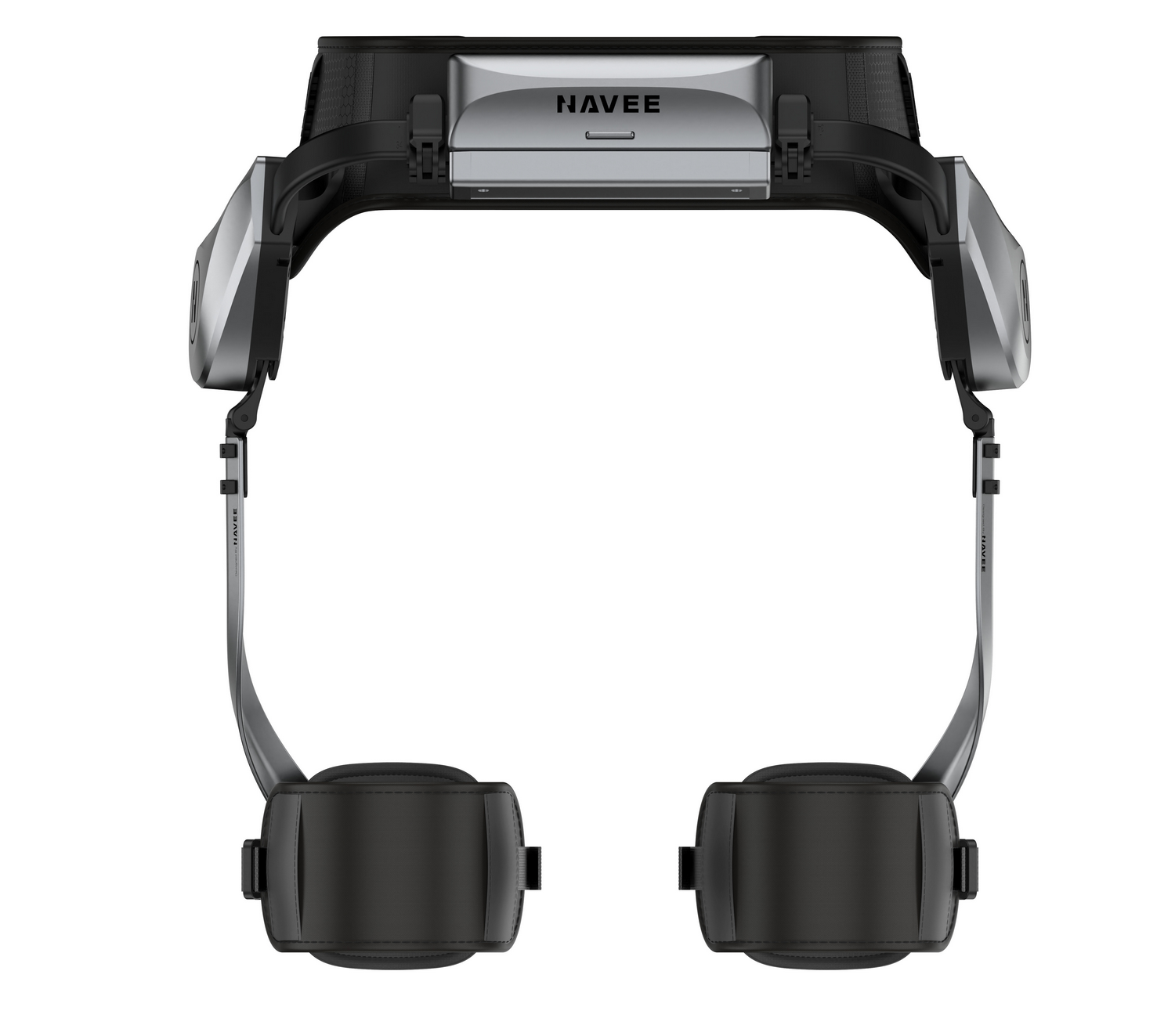 Dispositivo de cadera exoesqueleto NAVEE negro y plateado con correas ajustables para las piernas.
