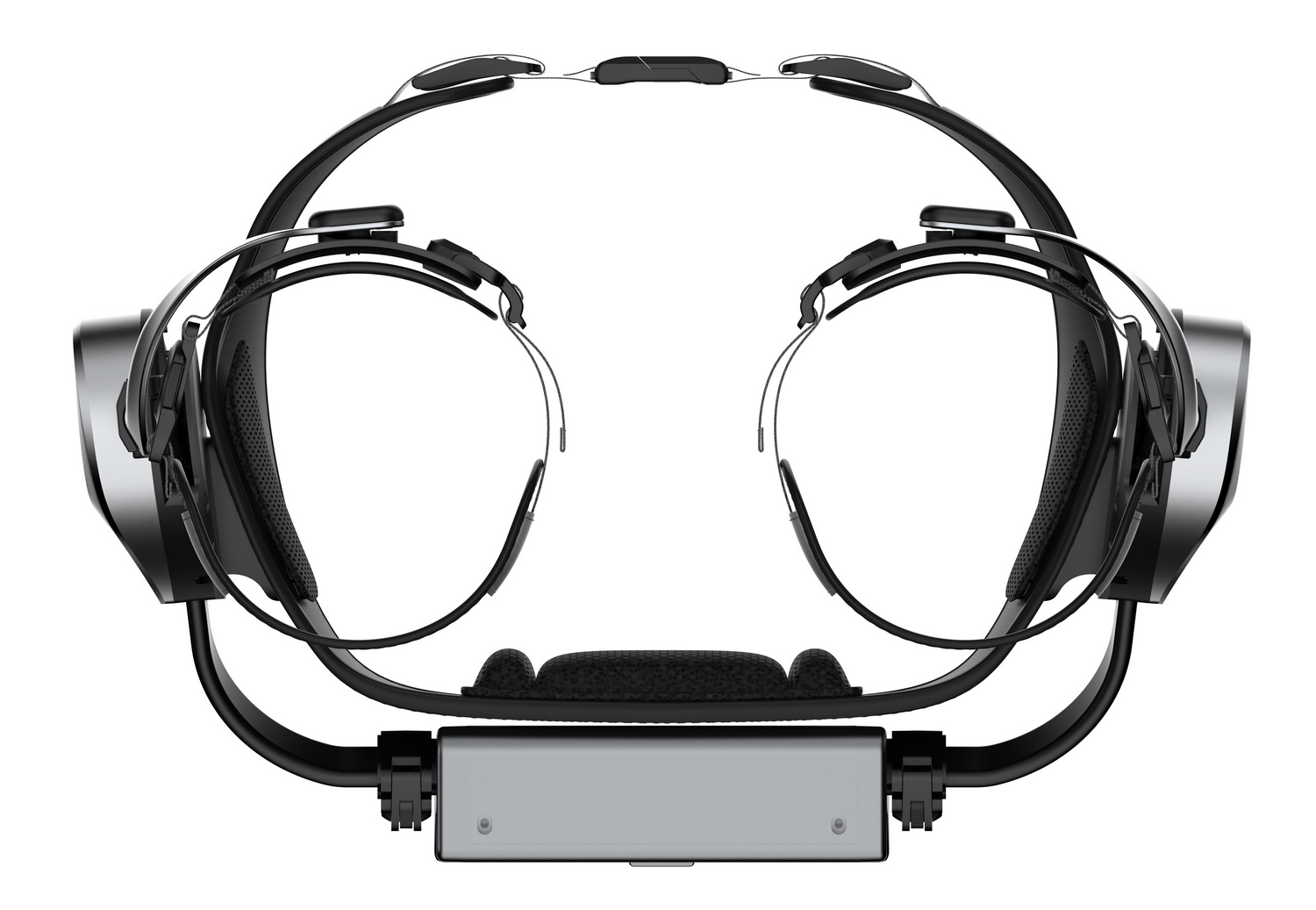 Correa para auriculares VR tecnológica con piezas de metal plateado y plástico negro sobre fondo blanco.