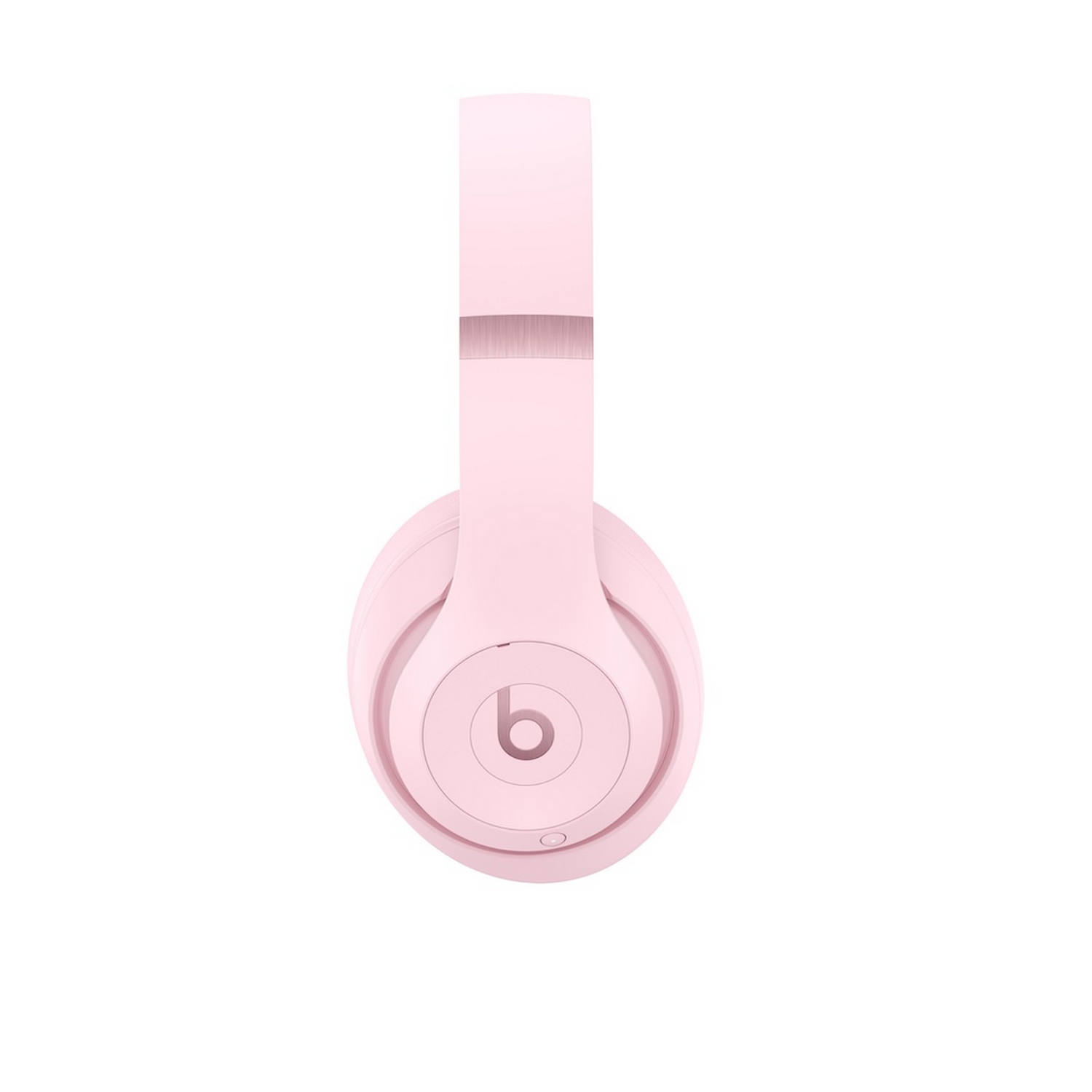 Un par de auriculares supraaurales rosados con logotipo sobre fondo blanco.