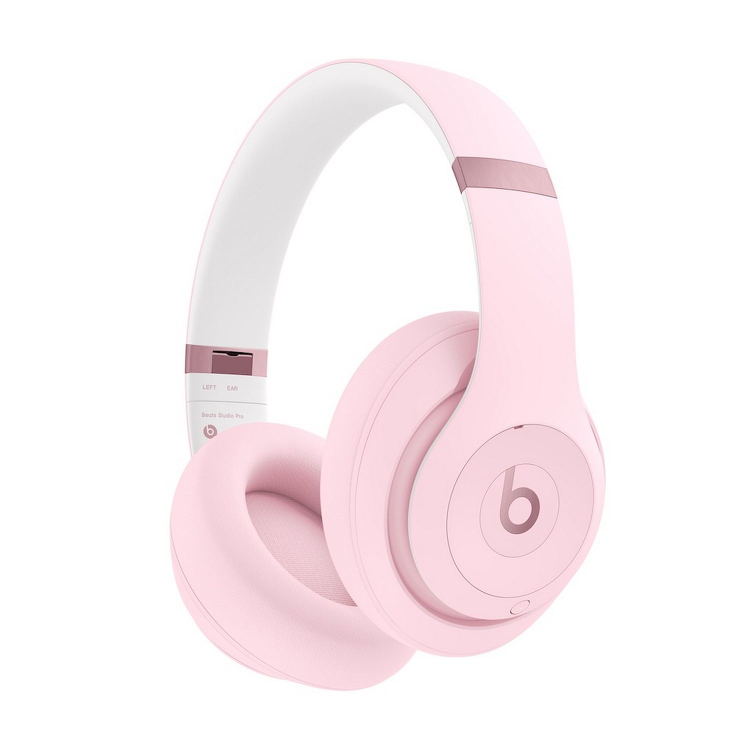 Auriculares inalámbricos supraurales rosas con diadema interior blanca y detalles dorados sobre fondo blanco.