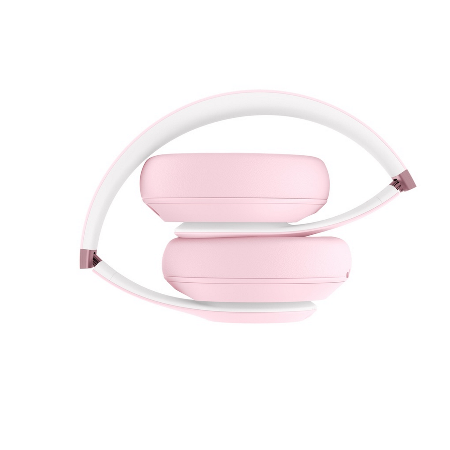Auriculares inalámbricos rosas y blancos plegados sobre fondo blanco.