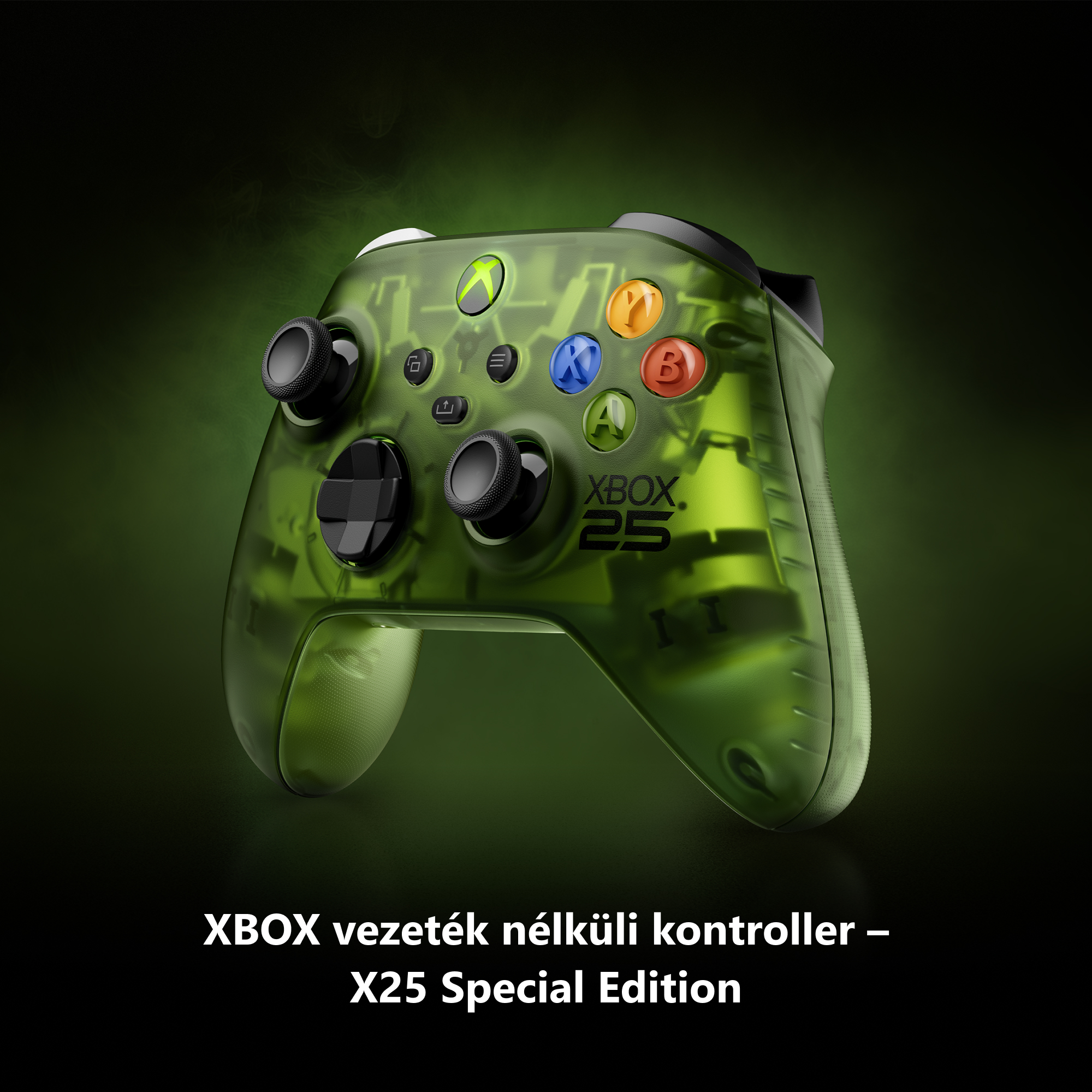 Egy áttetsző zöld Xbox vezeték nélküli kontroller, alatta X25 Special Edition felirattal.