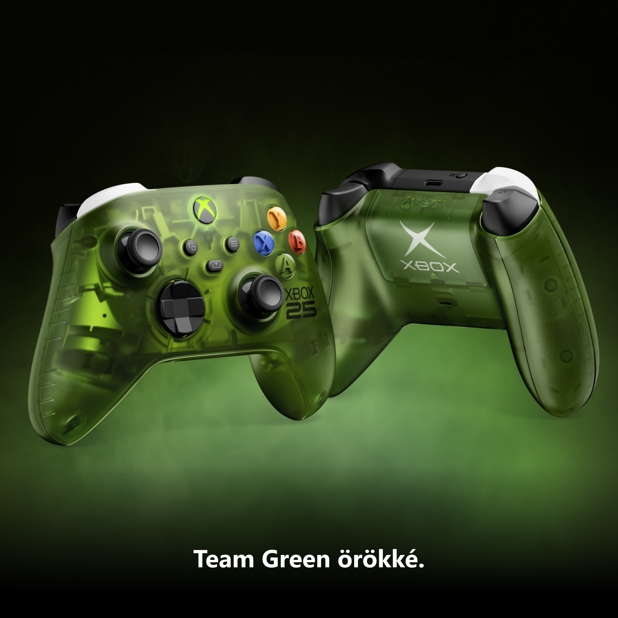 Áttetsző zöld Xbox kontroller az előtérben fehér szöveggel.