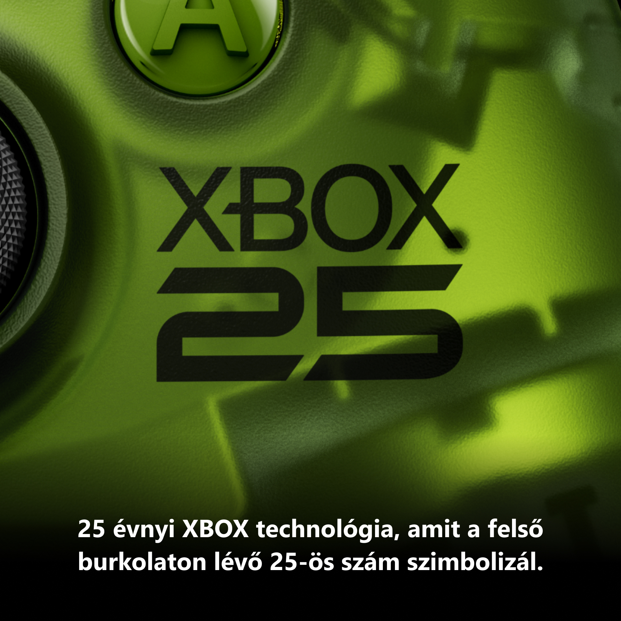 Zöld Xbox kontroller XBOX 25 felirattal és magyar szöveggel az alján.