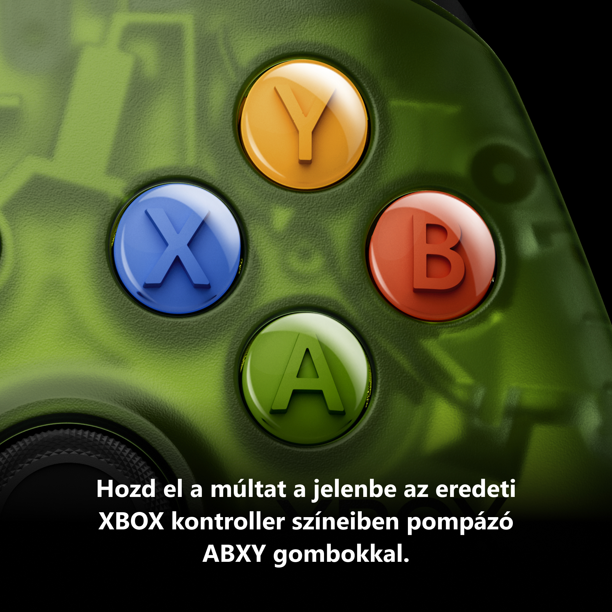 Zöld Xbox kontroller színes ABXY gombokkal és magyar felirattal.
