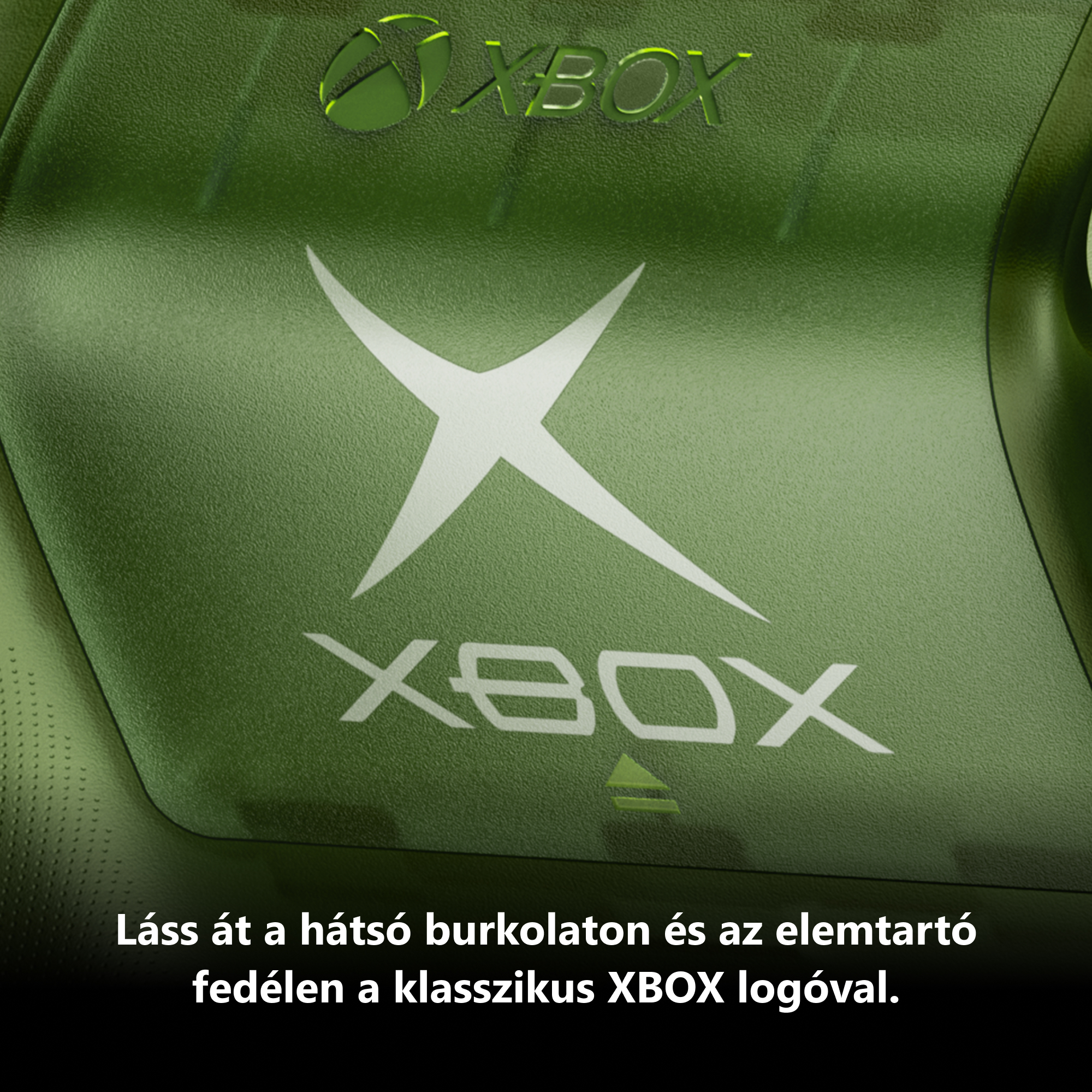 Áttetsző zöld Xbox kontroller hátlap fehér logóval és felirattal.