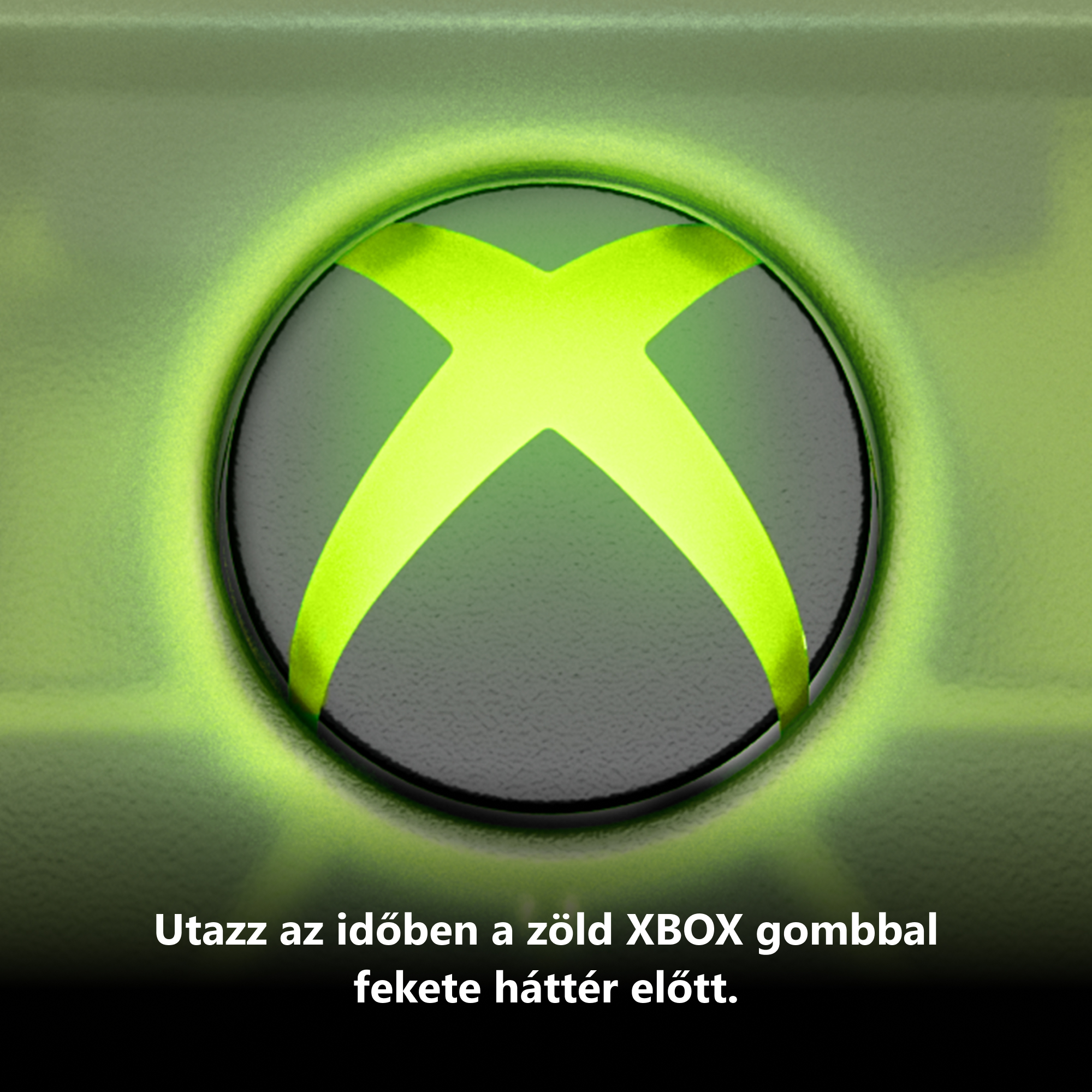 Világító zöld Xbox gomb sötét háttér előtt, olvashatatlan magyar szöveggel.