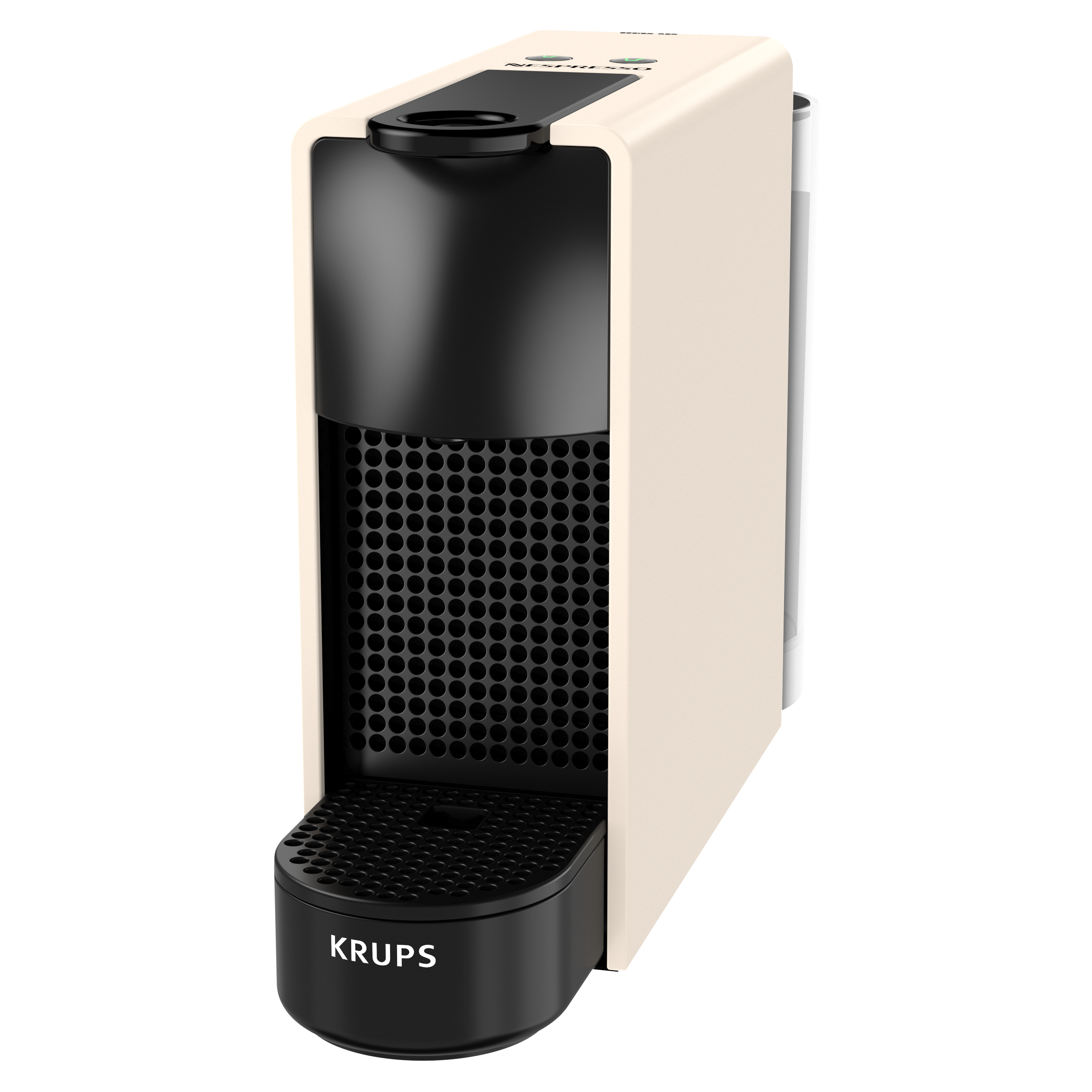 Egy krém és fekete színű Krups Nespresso kávéfőző fekete háttér előtt.
