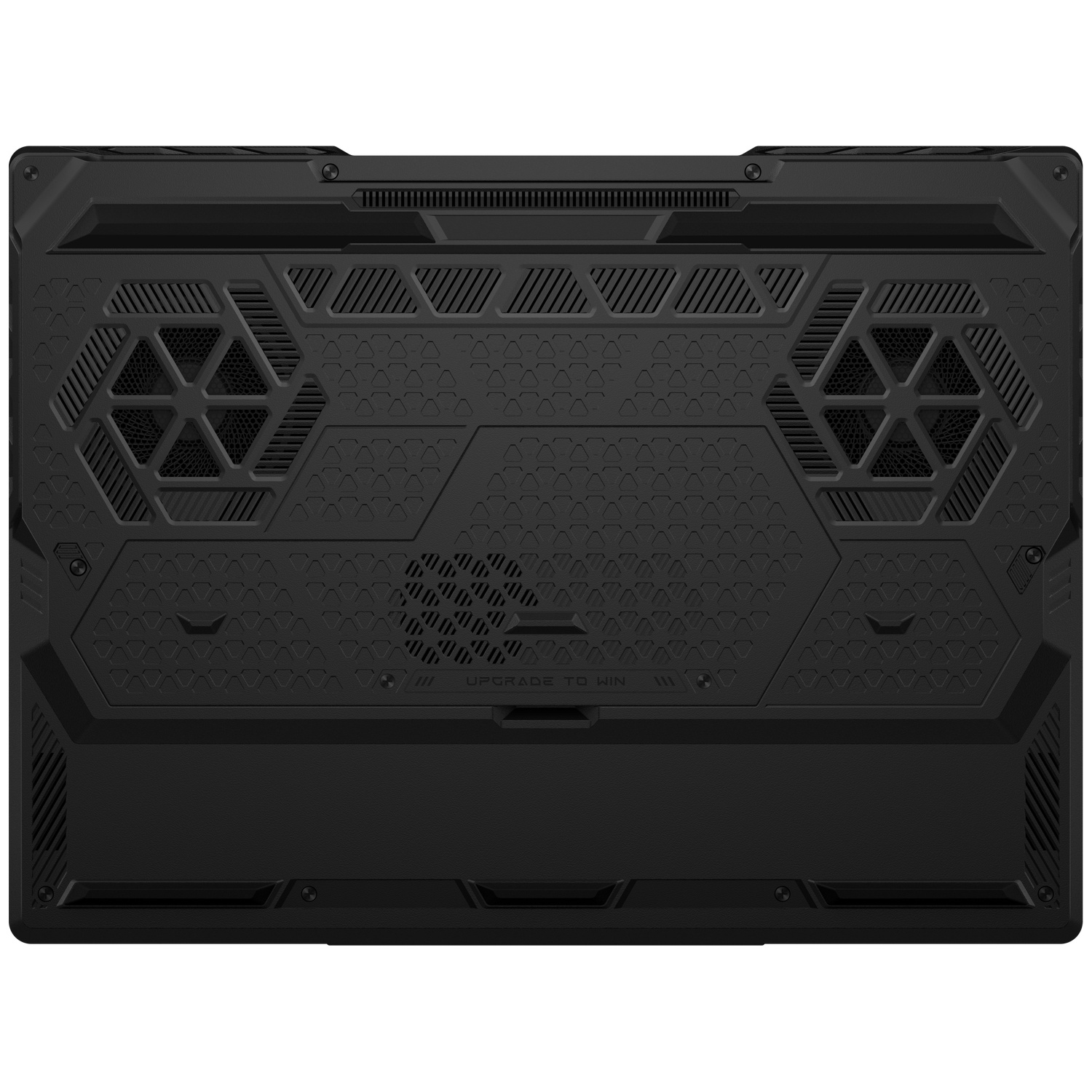 Onderaanzicht van een zwarte laptop met geometrische ventilatiesleuven en twee zeshoekige roosters.