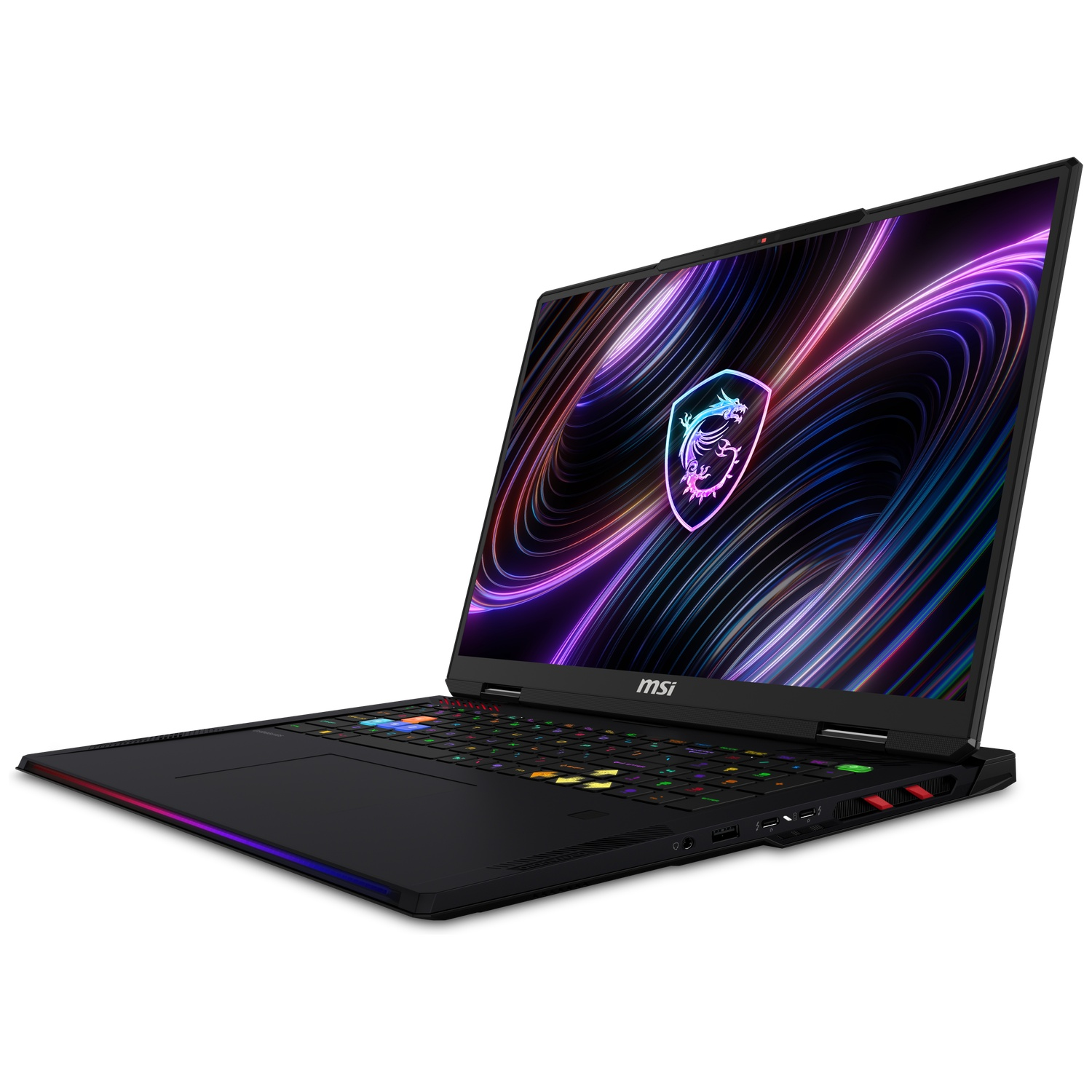 Zwarte MSI-gaminglaptop met een gloeiend neonachtergrond op het scherm, geïsoleerd op wit.