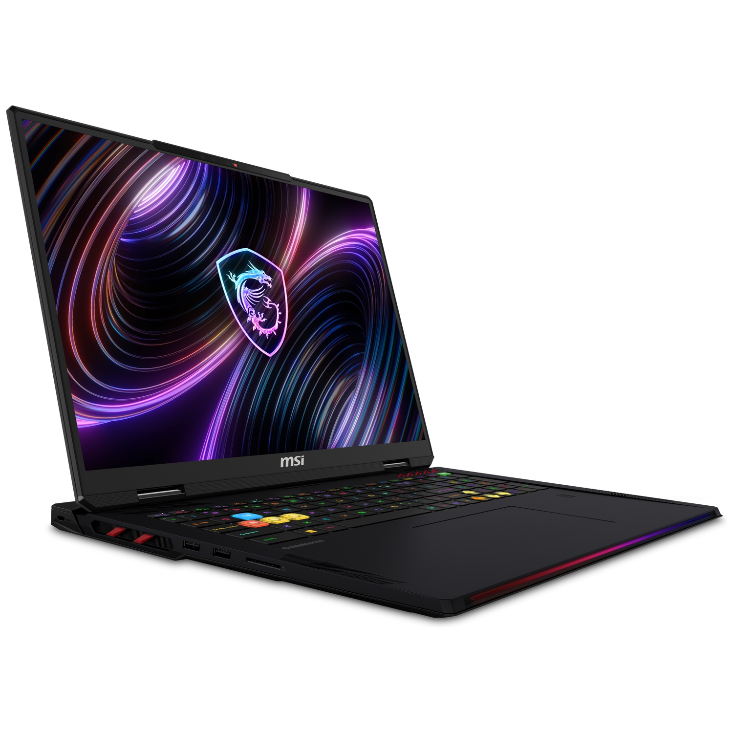 Een zwarte MSI-gaminglaptop met kleurrijke schermgraphics en een verlicht toetsenbord op een witte achtergrond.