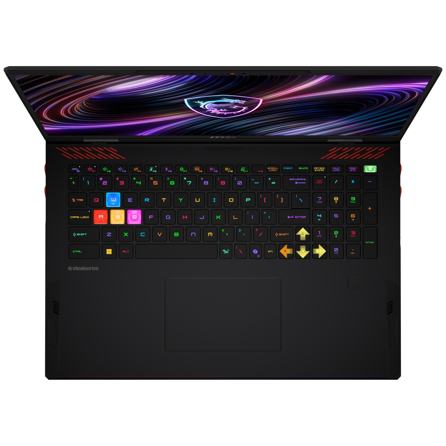 Een zwarte laptop met kleurrijk RGB-verlicht toetsenbord en een grafische achtergrond.