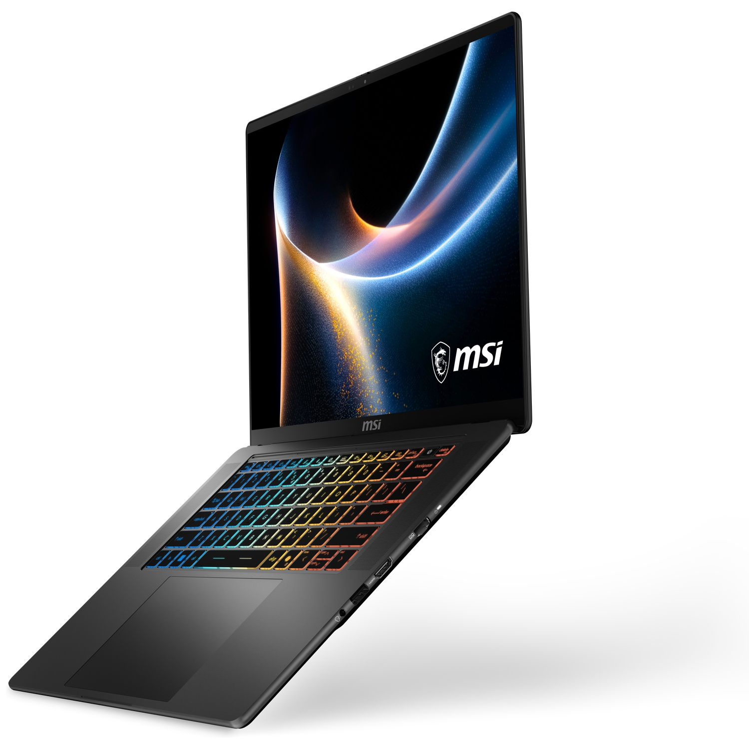 Een zwarte MSI-laptop zweeft tegen een witte achtergrond met verlichte toetsen.