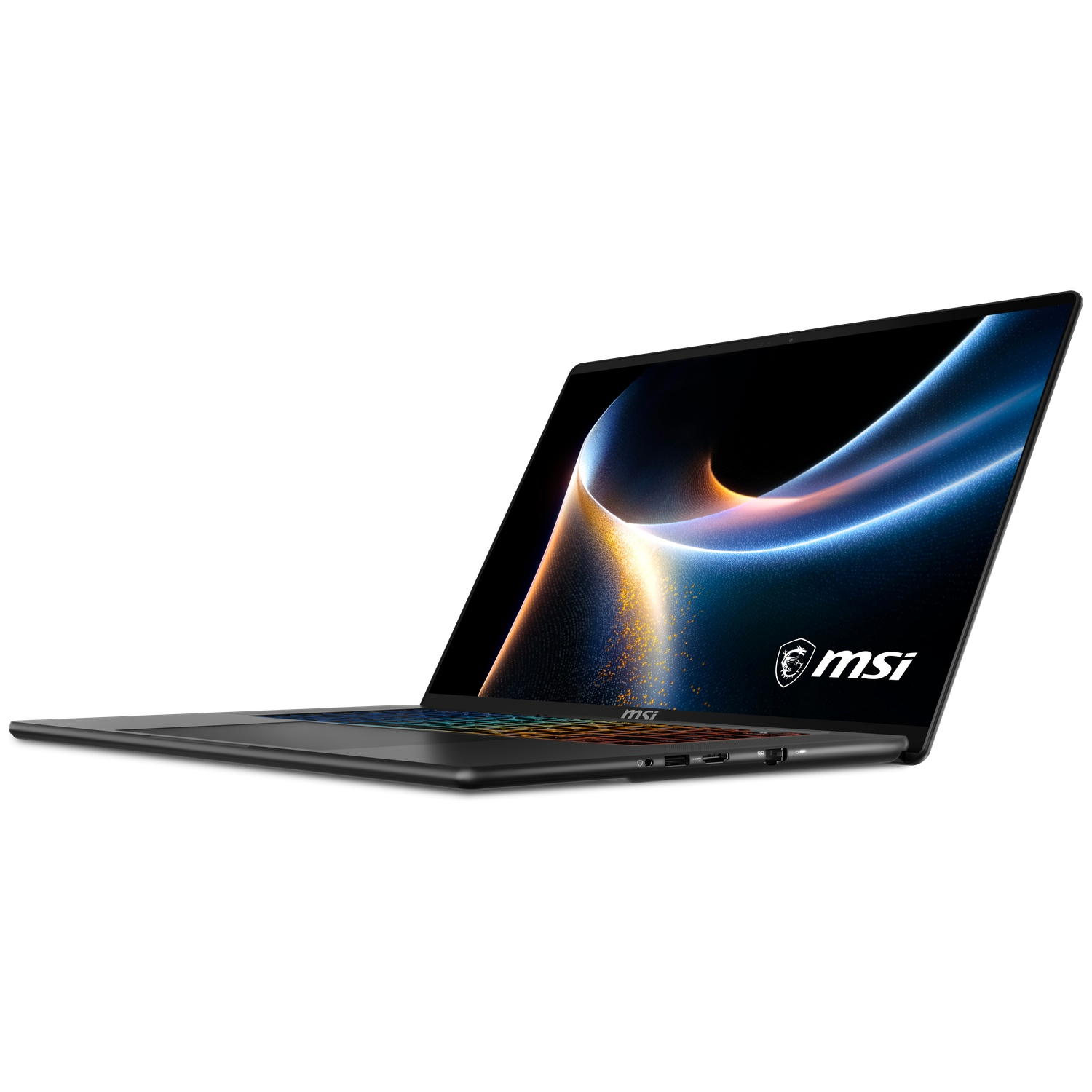Zwarte MSI-laptop met kleurrijk scherm en verlicht toetsenbord op witte achtergrond.