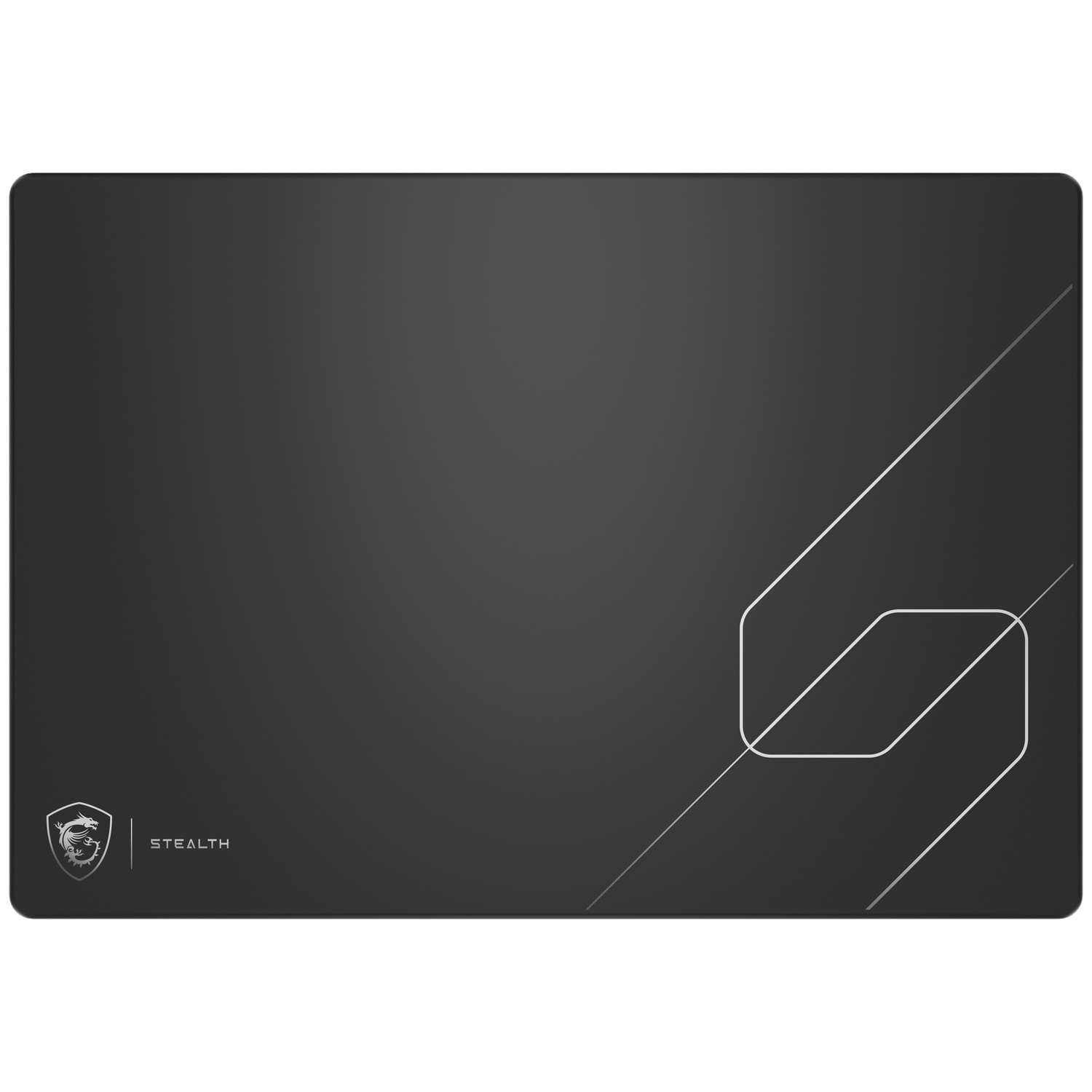 Zwarte MSI Stealth muismat met wit lijnenpatroon en logo.
