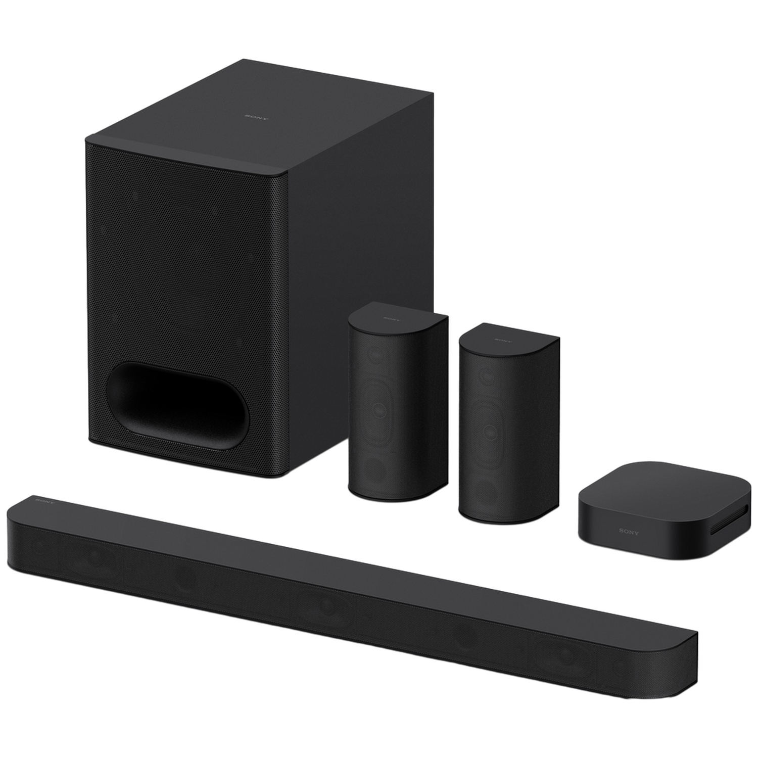 Un système home cinéma Sony noir avec barre de son, caisson de basses, deux enceintes arrière et un boîtier de commande.