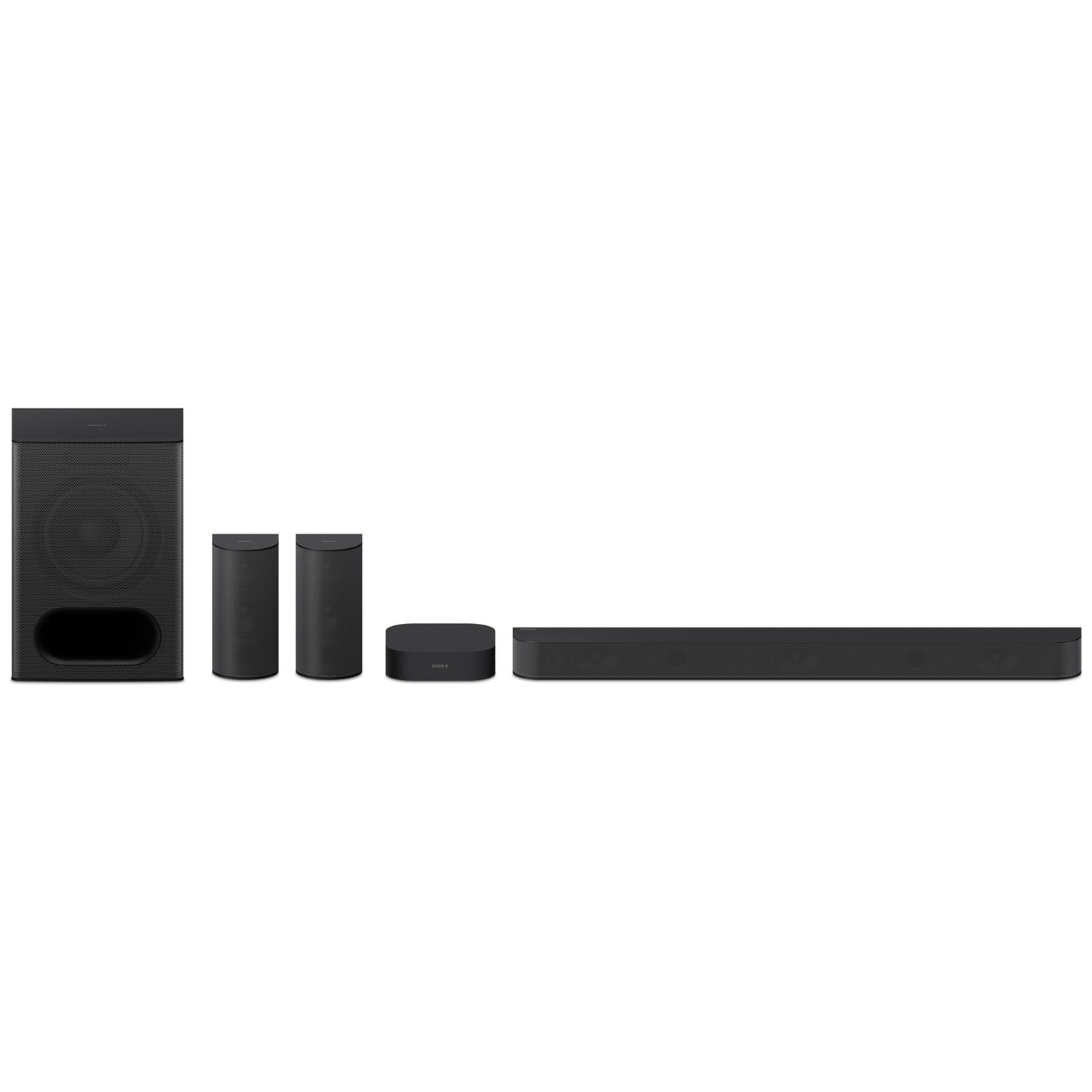 Un système home cinéma Sony noir avec caisson de basses, deux enceintes arrière, un boîtier de commande et une barre de son.