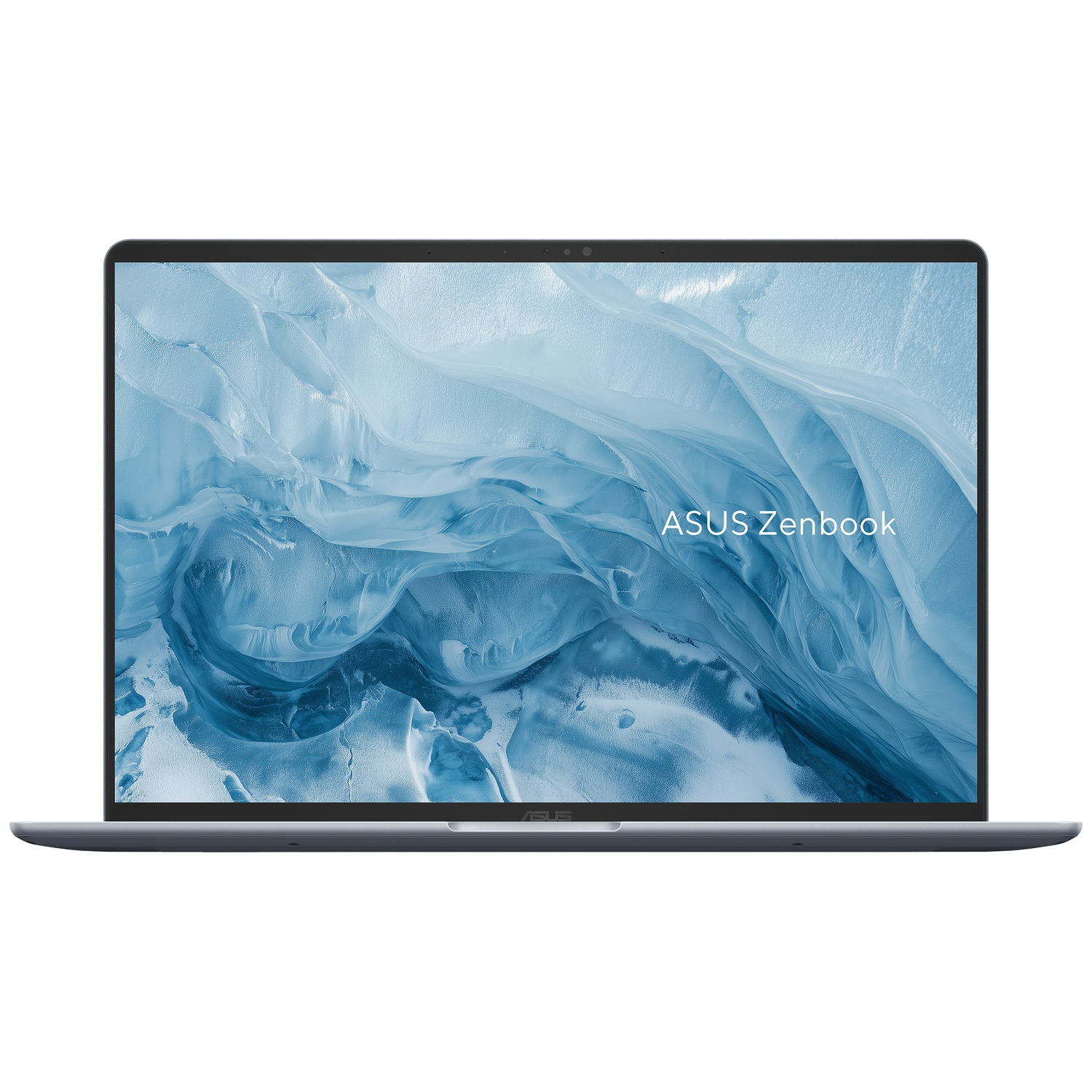 Een open ASUS Zenbook-laptop toont een blauwe achtergrond met patronen op het scherm.
