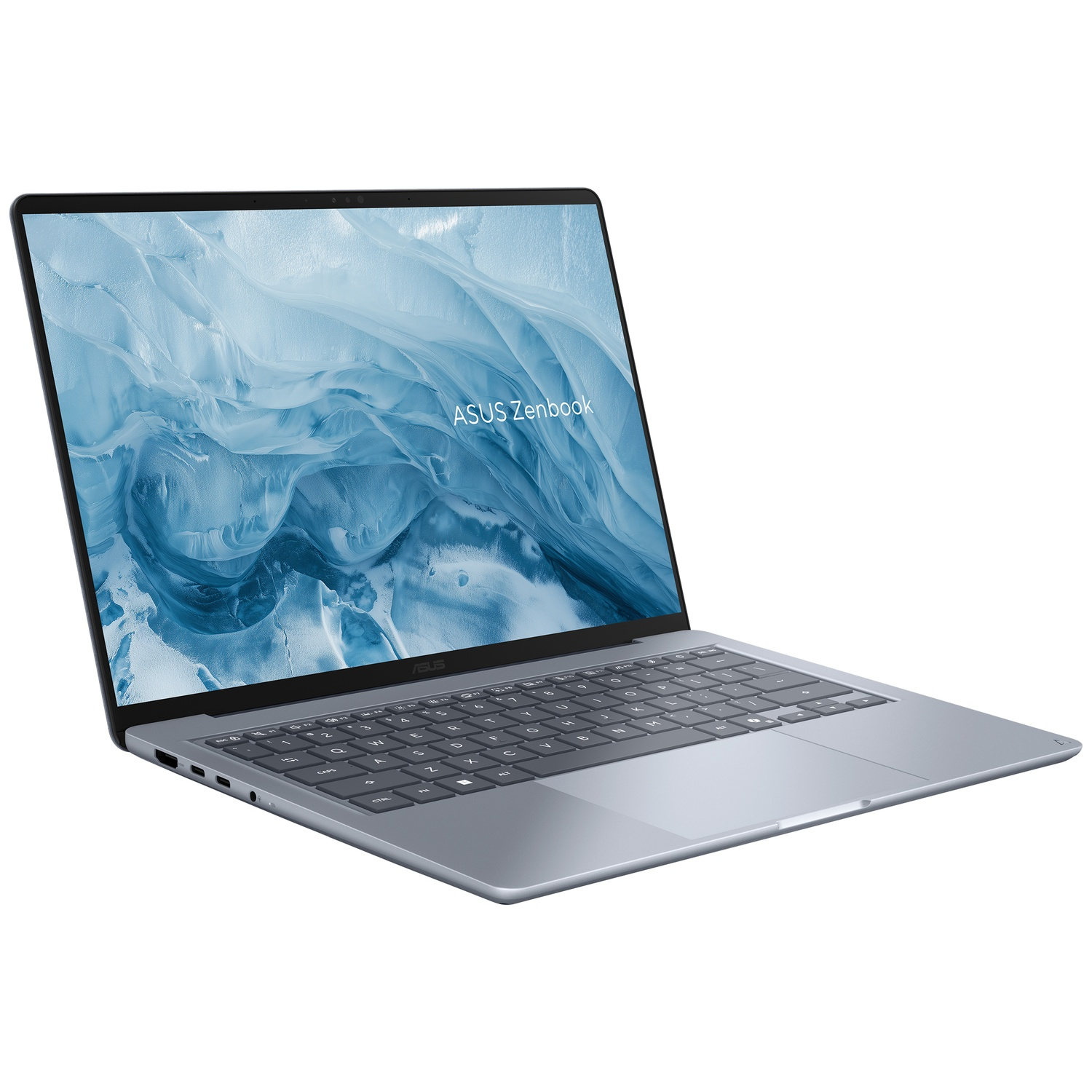 Een zilveren ASUS Zenbook laptop staat open op een wit oppervlak met een blauwe schermafbeelding.