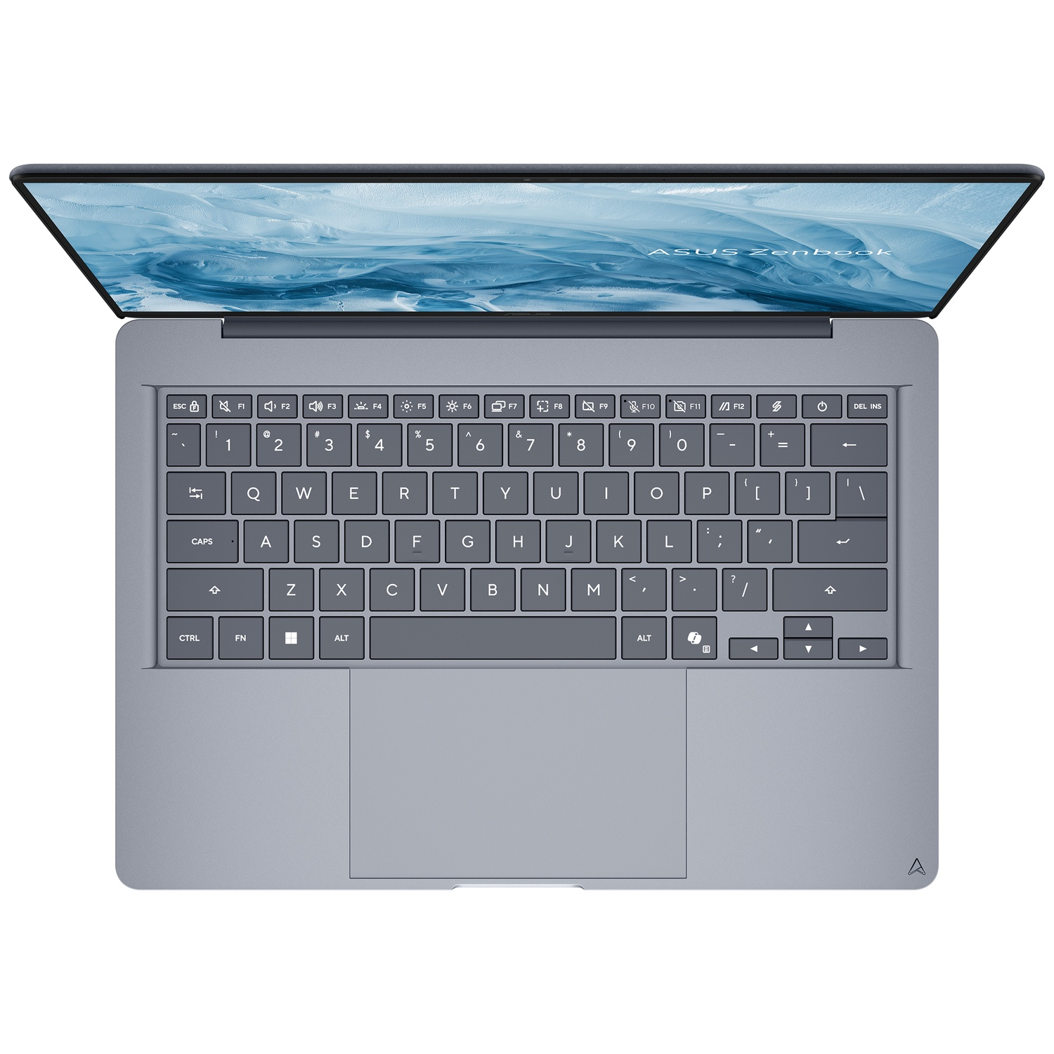 Bovenaanzicht van een grijze ASUS Zenbook laptop met toetsenbord en blauwe achtergrond.