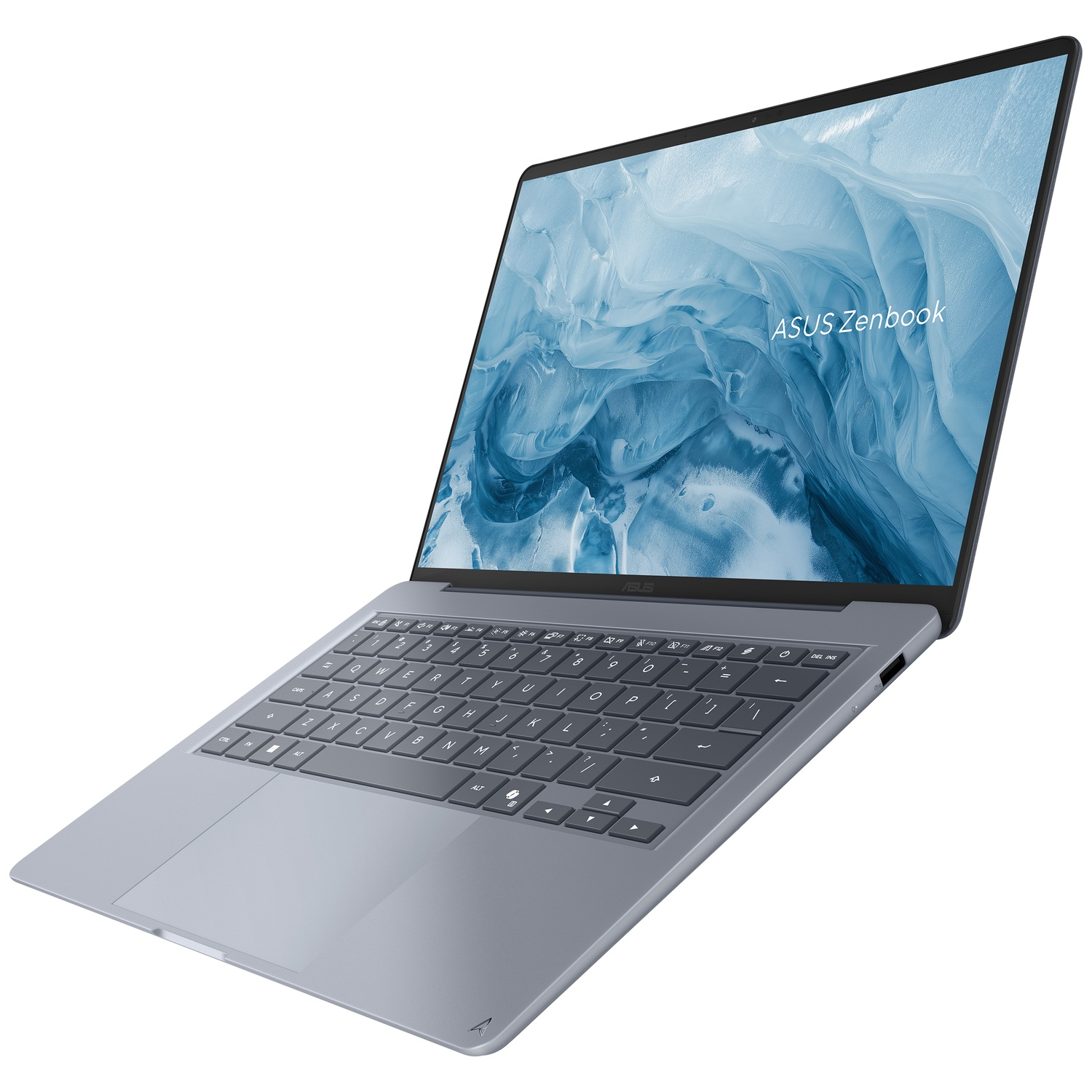 Een grijze ASUS Zenbook-laptop met een blauw abstract achtergrond is te zien vanuit een lichte hoek.