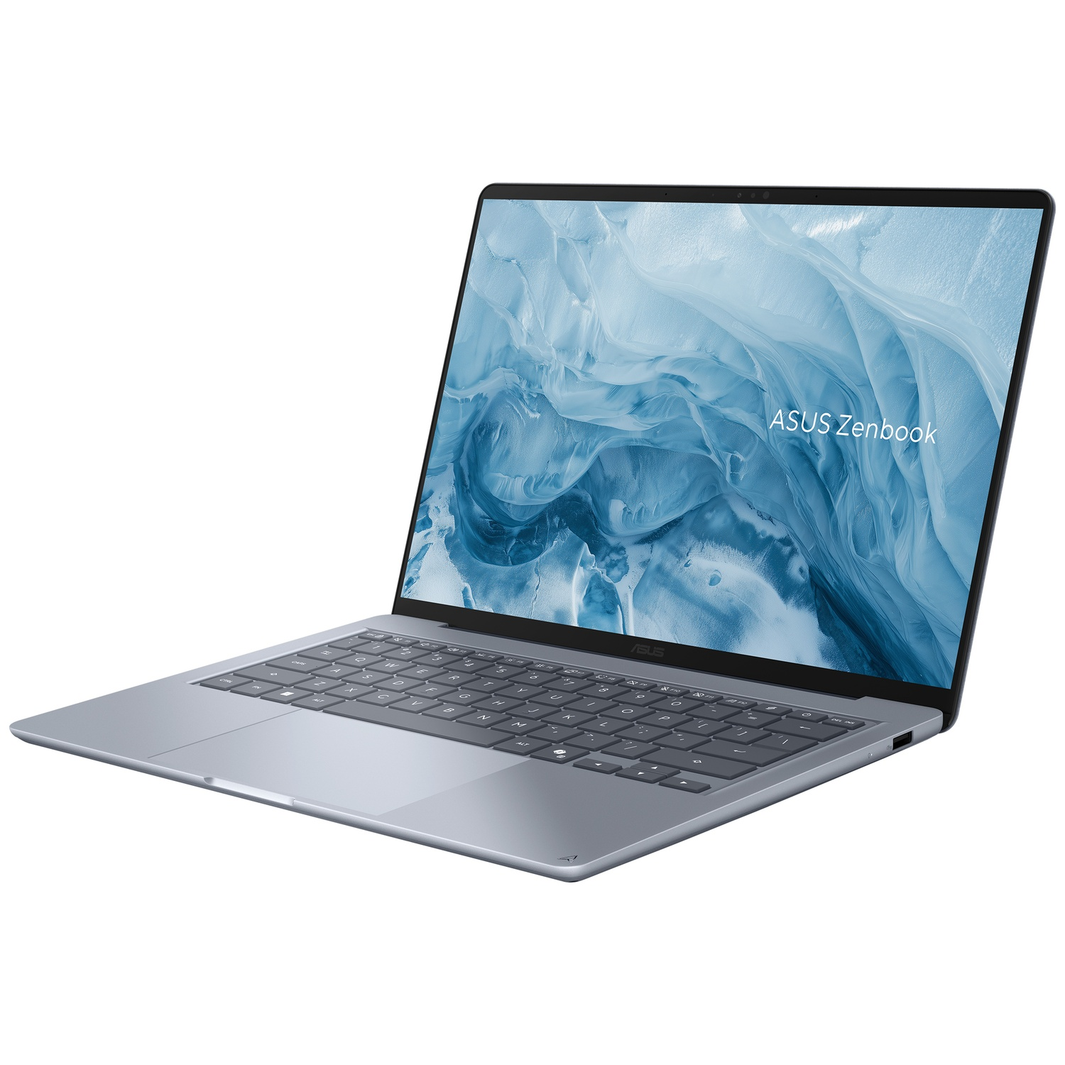 Een zilveren ASUS Zenbook laptop met een blauw scherm en geopend display tegen witte achtergrond.