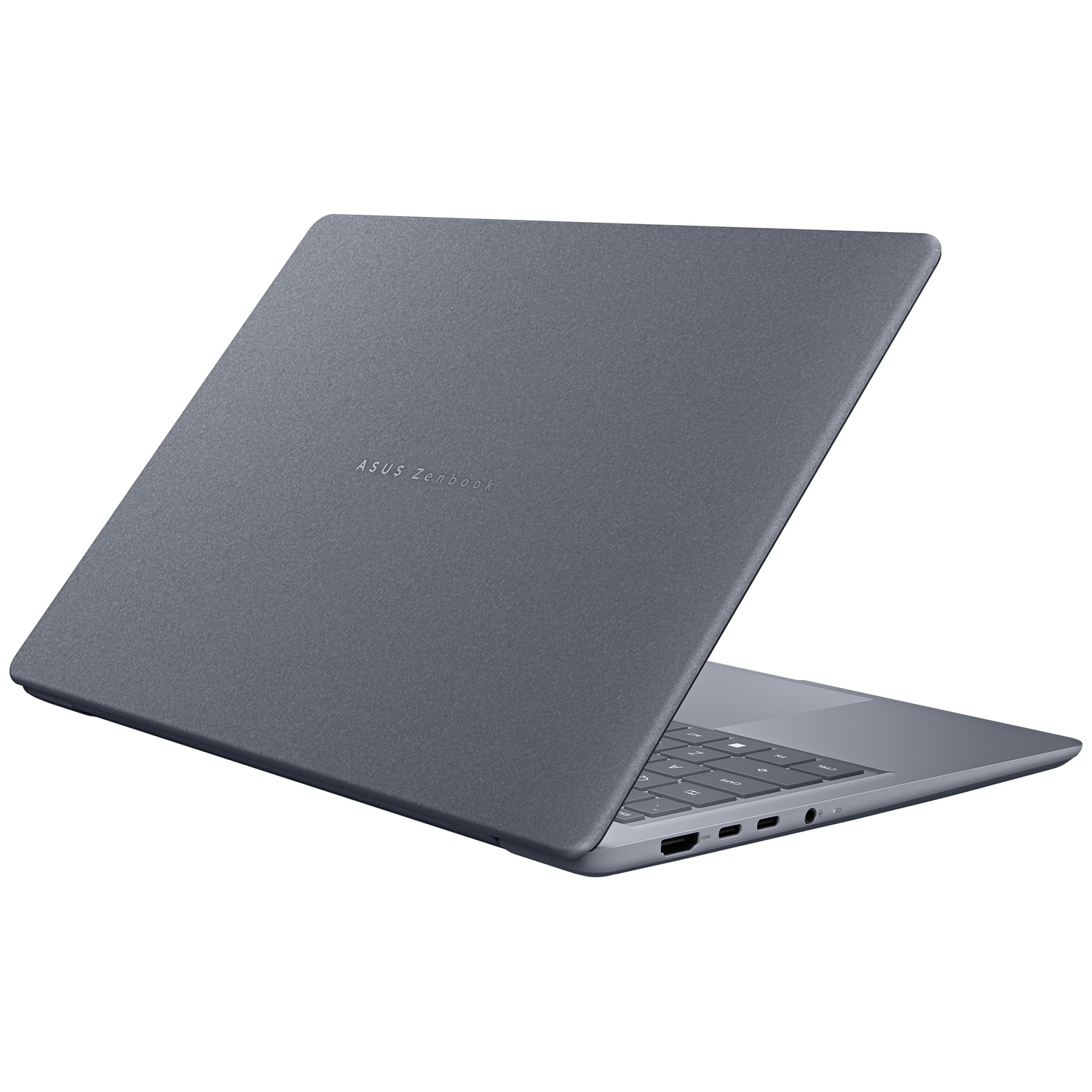 Een gesloten grijze Asus Zenbook laptop op een witte achtergrond.