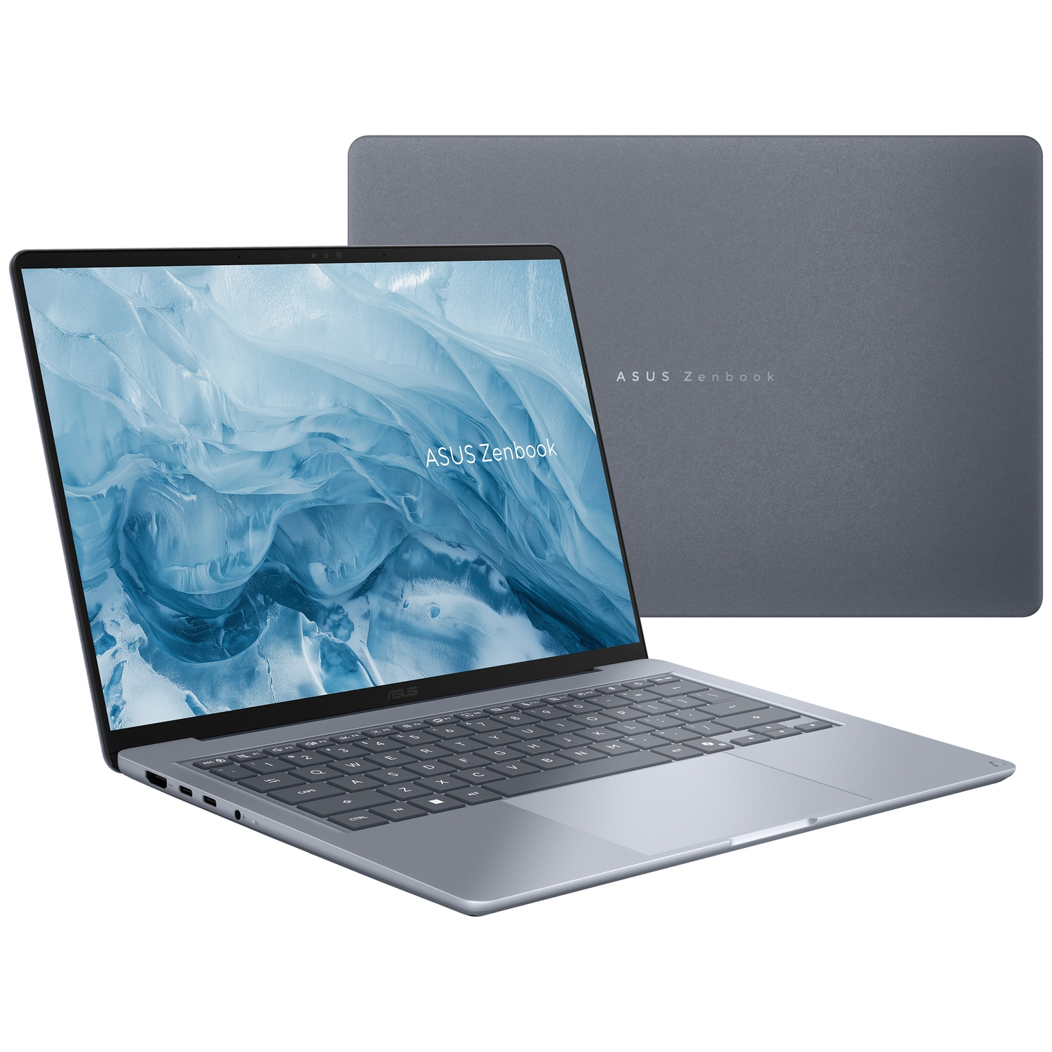 Grijze Asus Zenbook laptop met blauw scherm en gesloten weergave op de achtergrond op witte achtergrond.