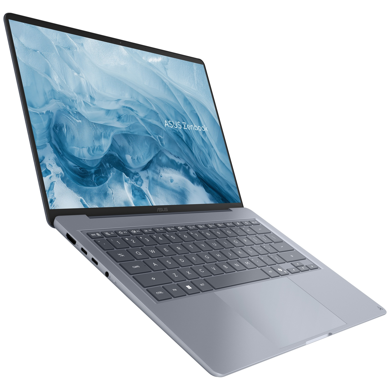 Een grijze ASUS Zenbook laptop op een witte achtergrond met blauw scherm.