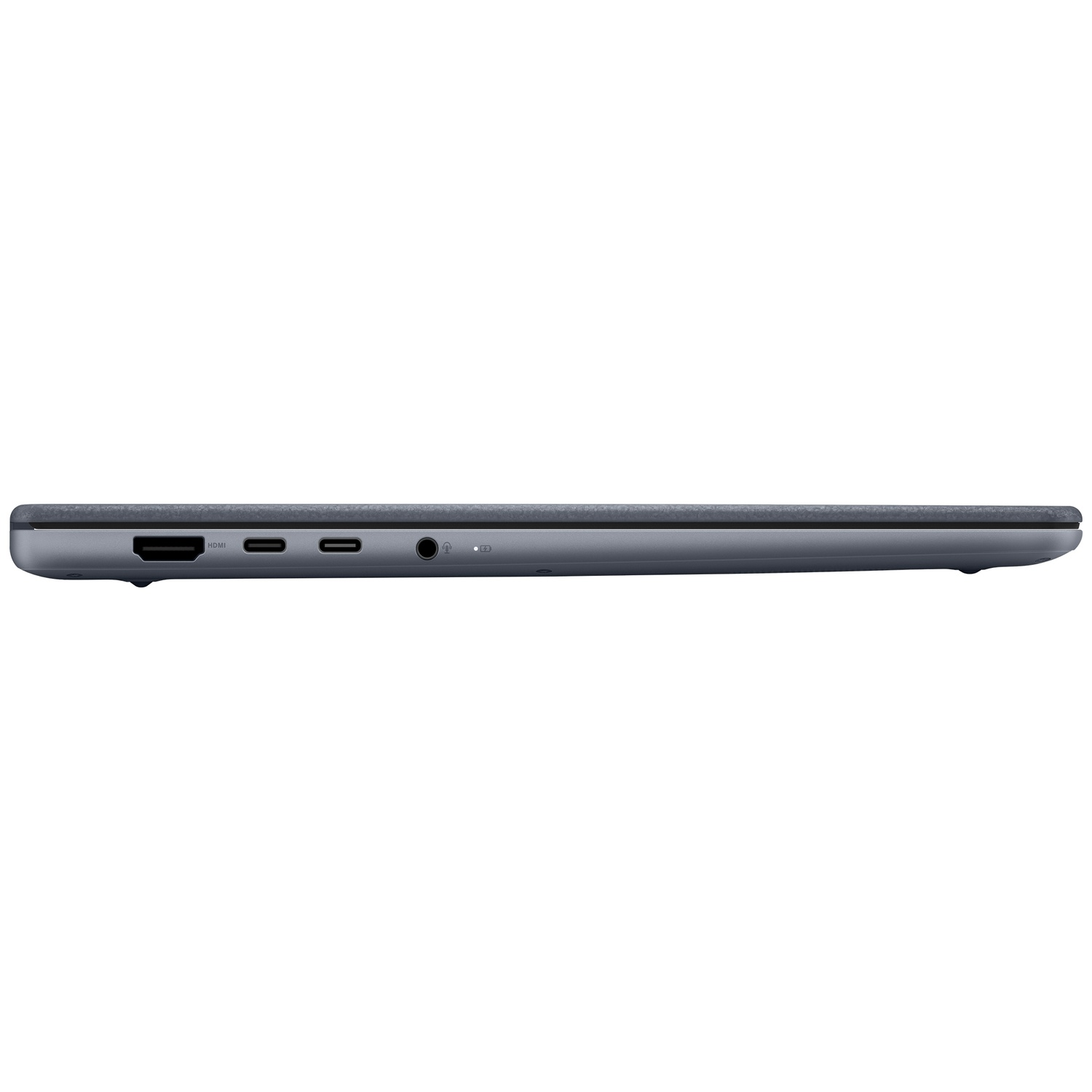 Zijaanzicht van een grijze laptop met HDMI- en USB-C-poorten.