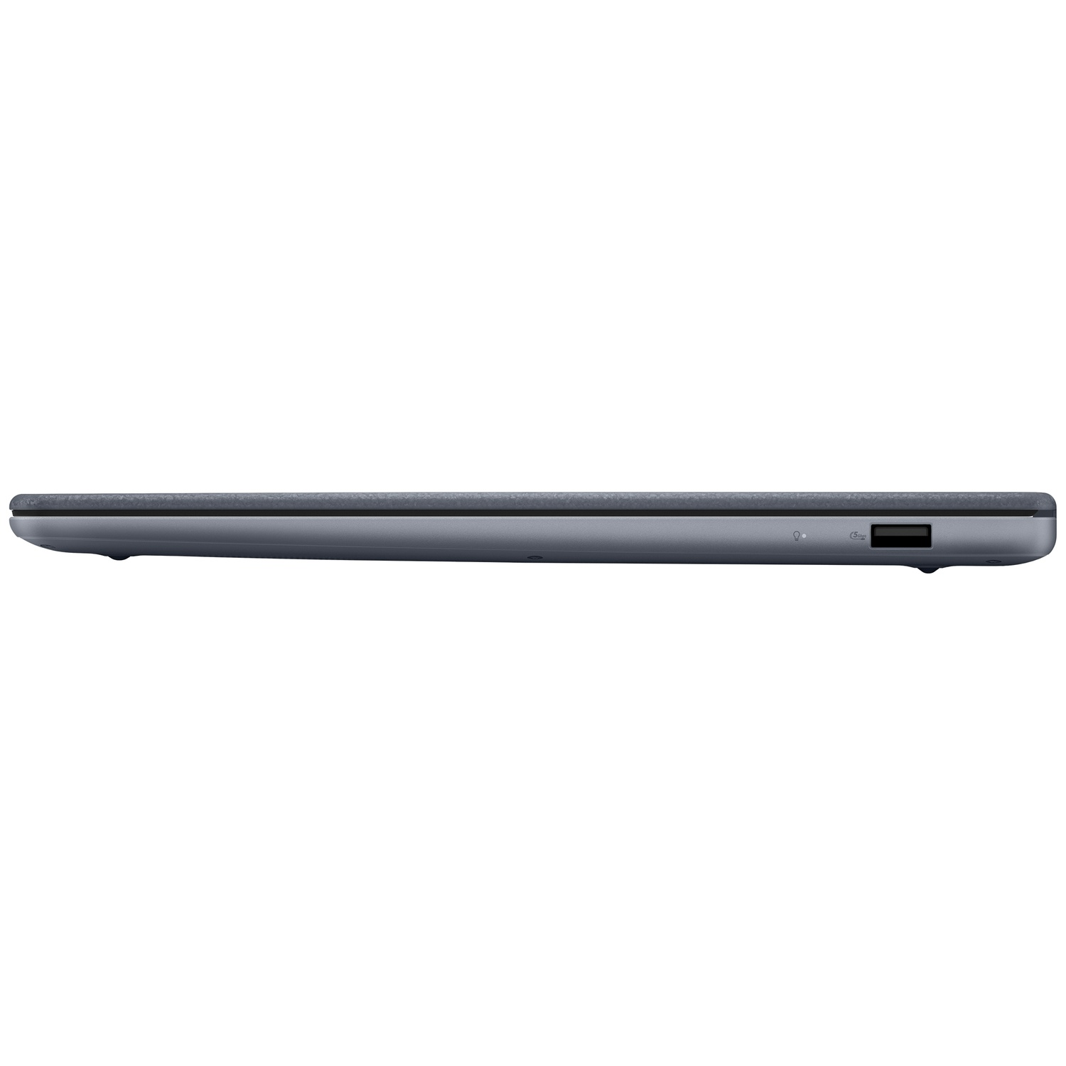 Zijaanzicht van een gesloten grijze laptop met één USB-poort en een LED-indicator.