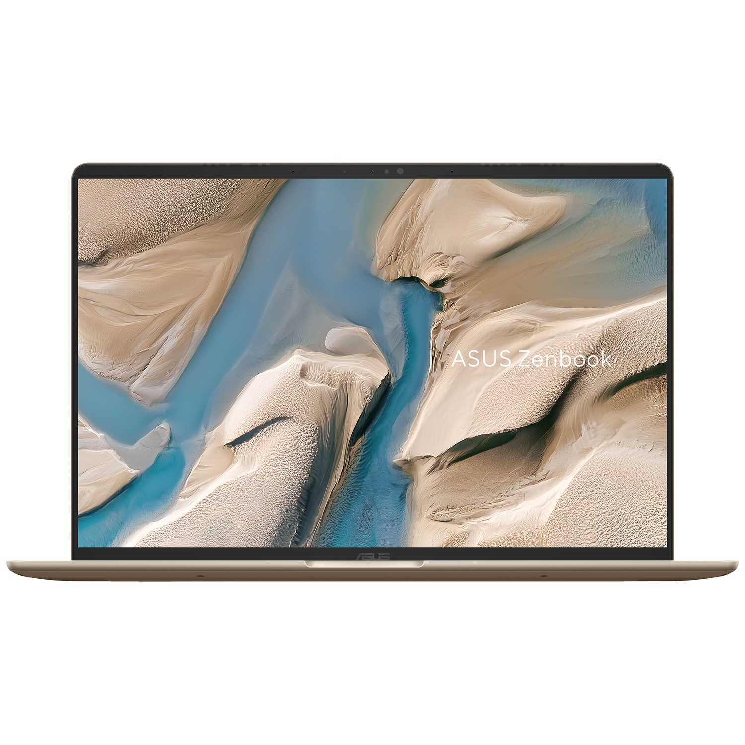 Een goudkleurige Asus Zenbook toont een scherm met zand en water.