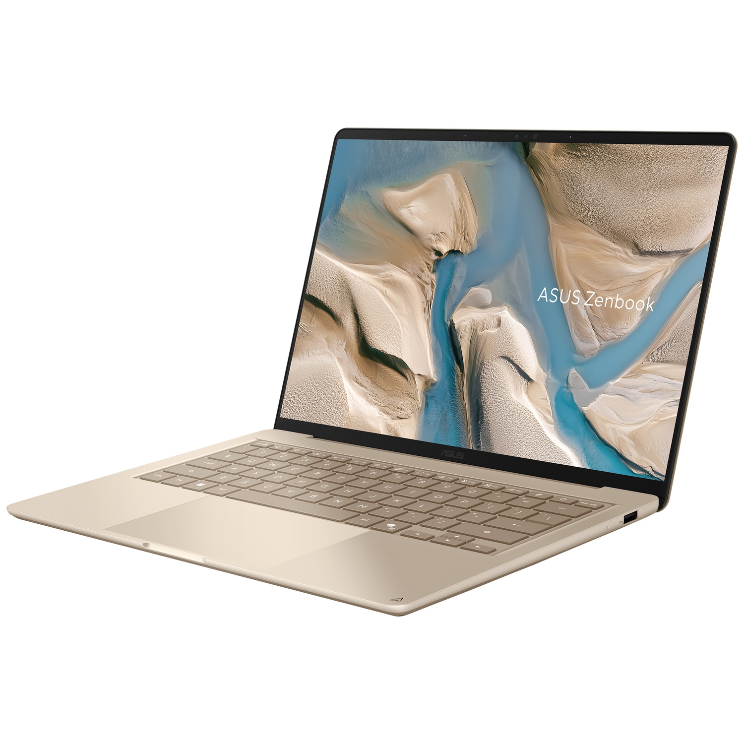 Een gouden ASUS Zenbook laptop staat open op een witte achtergrond met een abstract landschap op het scherm.
