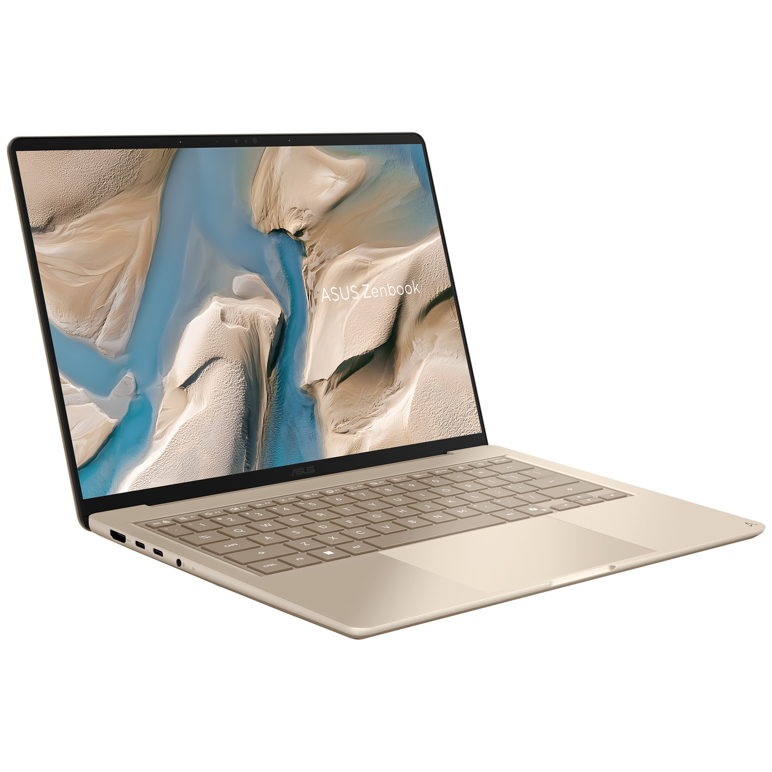 Een gouden Asus Zenbook laptop op een witte achtergrond, met een abstracte achtergrond op het scherm.