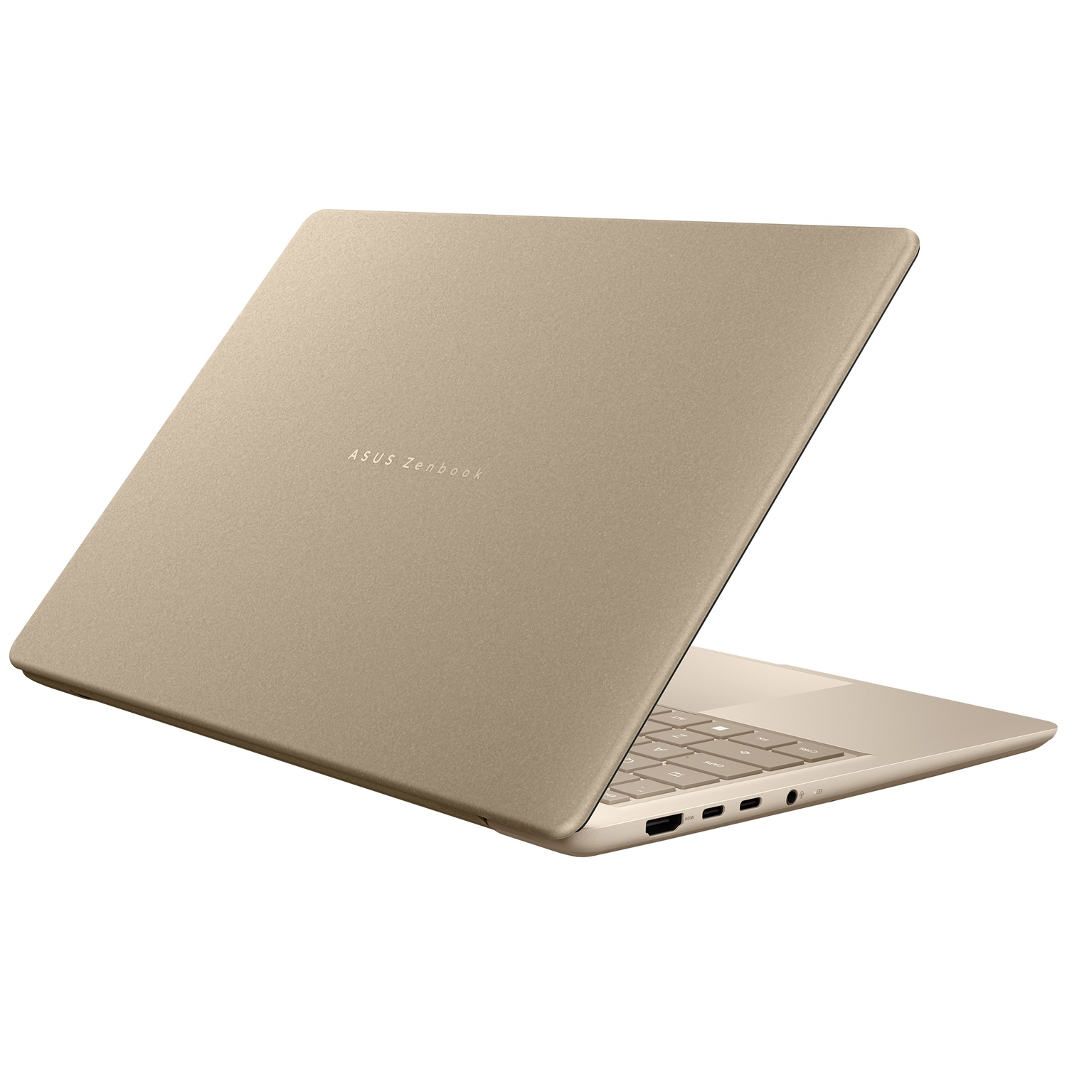 Gouden Asus Zenbook laptop gezien van achteren en opzij, op een witte achtergrond.