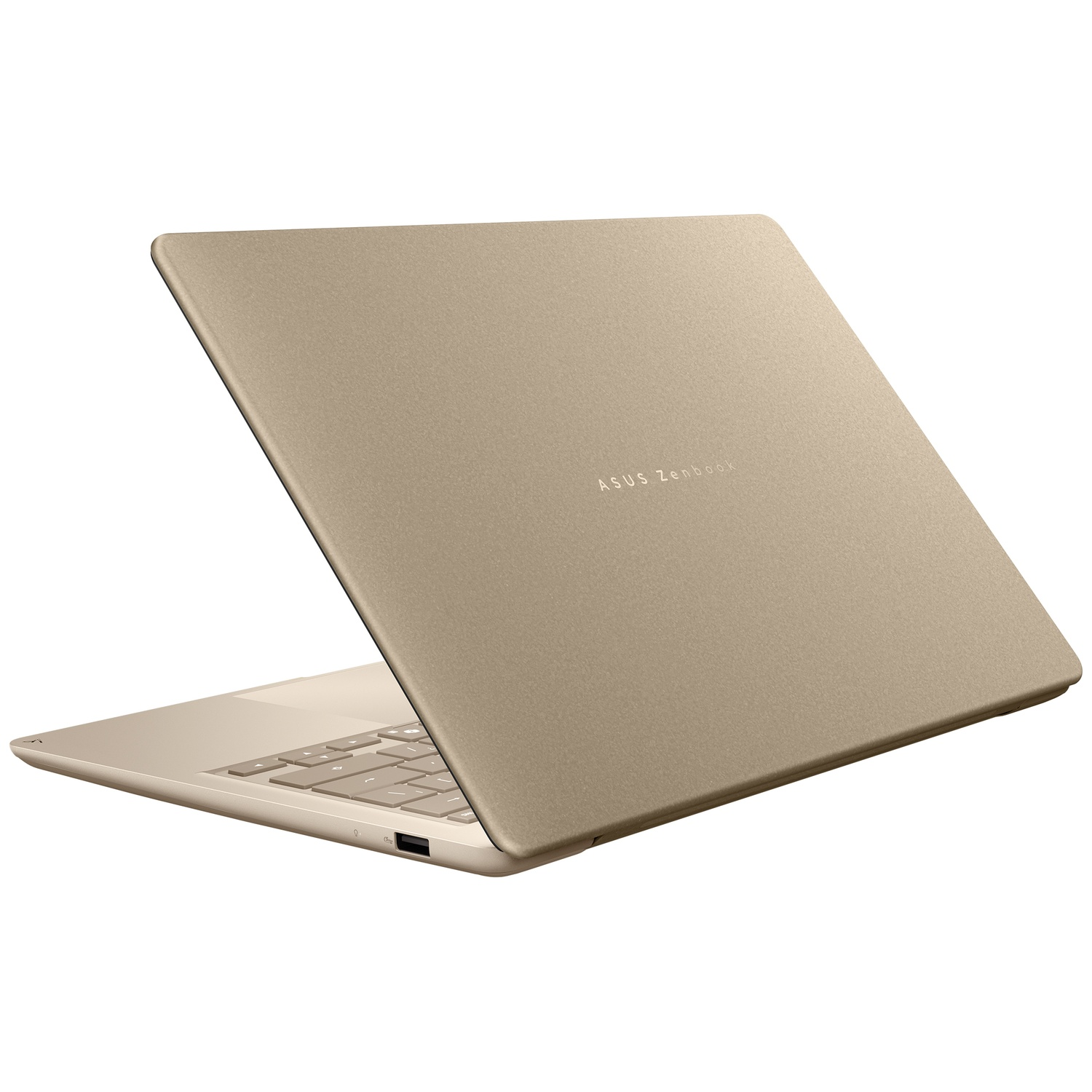 Een open, gouden Asus Zenbook laptop tegen een witte achtergrond.