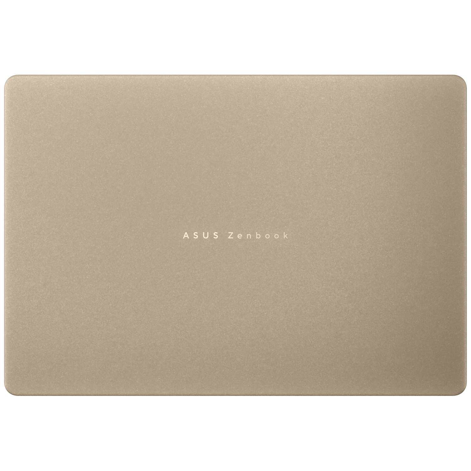 Bovenaanzicht van een gesloten gouden Asus Zenbook laptop tegen een effen achtergrond.