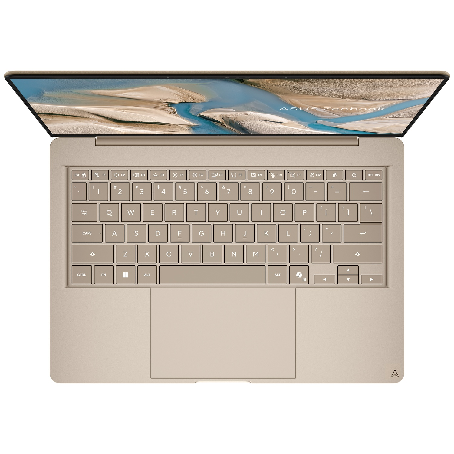 Bovenaanzicht van een goudkleurige Asus Zenbook laptop met het scherm open, met een rivierlandschap.