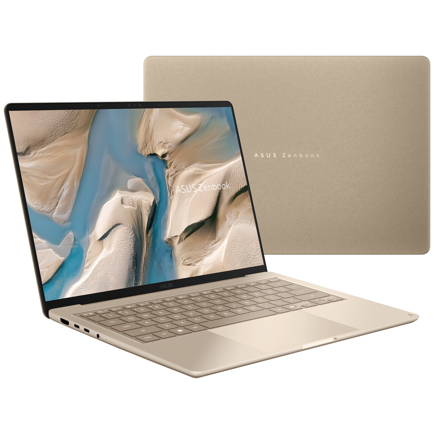 Een gouden Asus Zenbook-laptop met achtergrond, daarnaast de gesloten laptop.