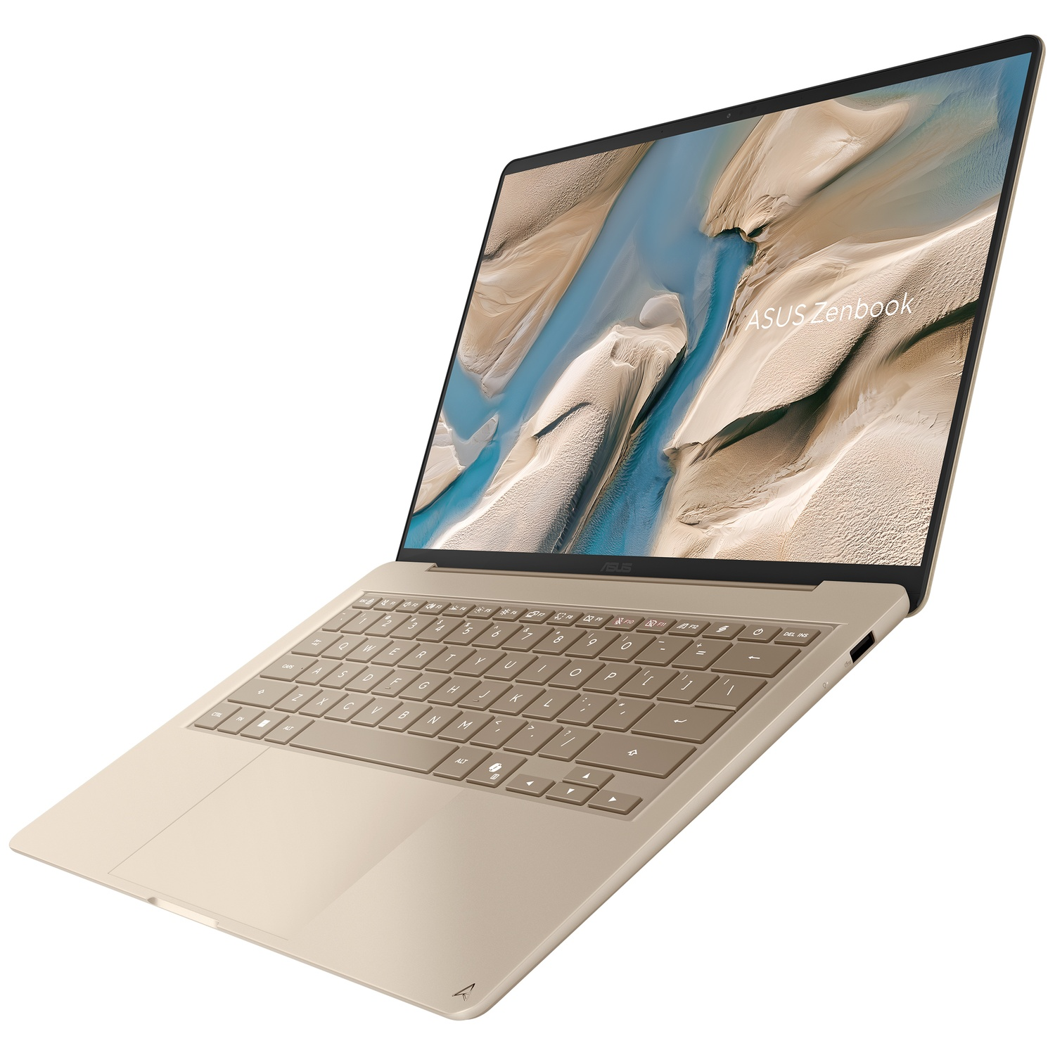 Een open goudkleurige ASUS Zenbook laptop op witte achtergrond toont toetsenbord en scherm.