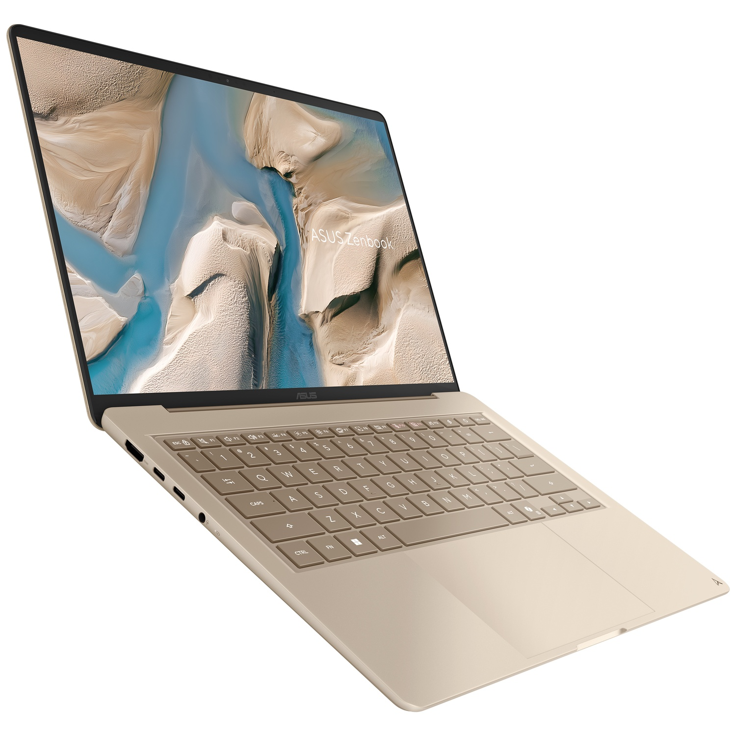 Een gouden Asus Zenbook laptop geopend tegen een witte achtergrond met een abstract blauw bureaubladachtergrond.