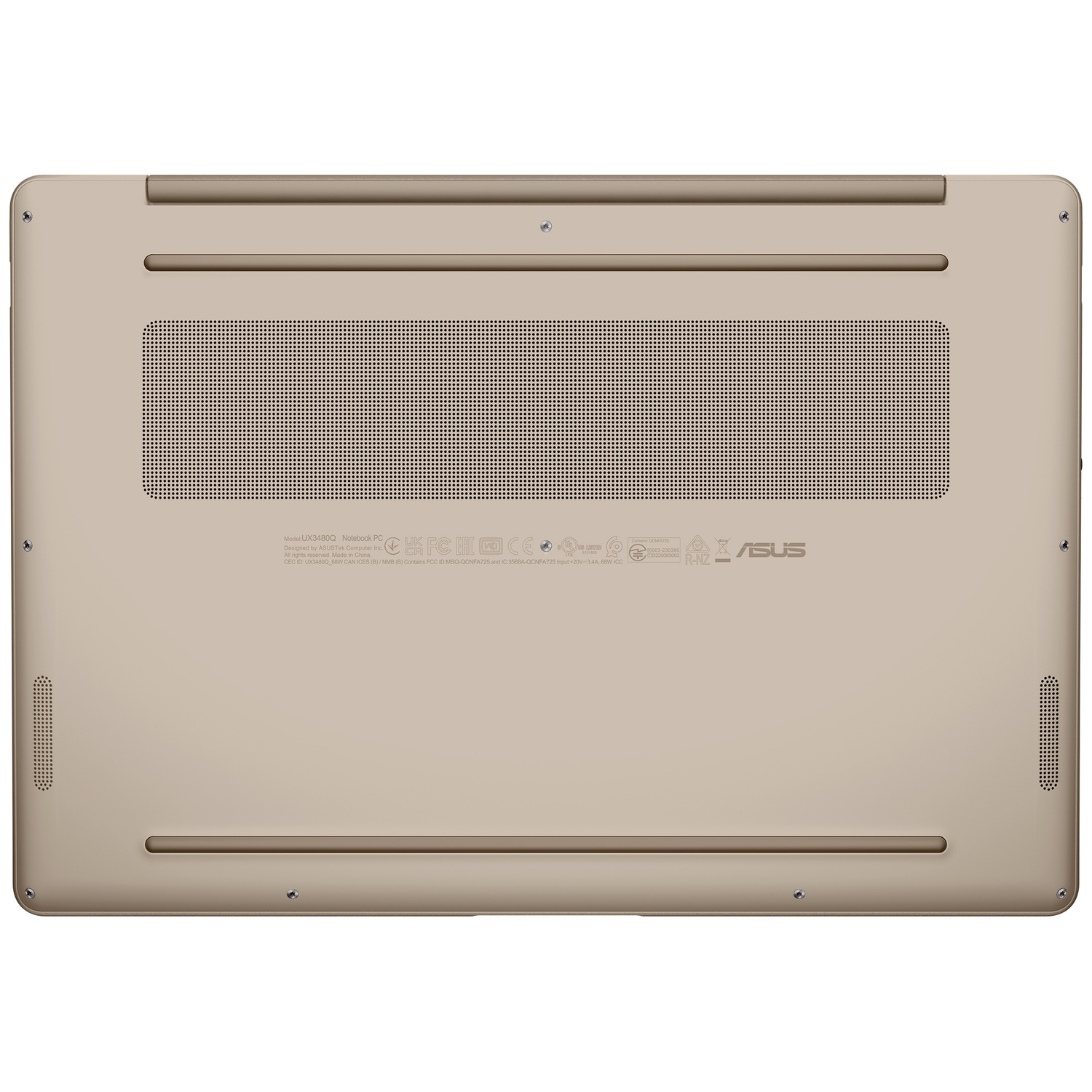 Onderkant van een gouden ASUS laptop met ventilatierooster en labels.