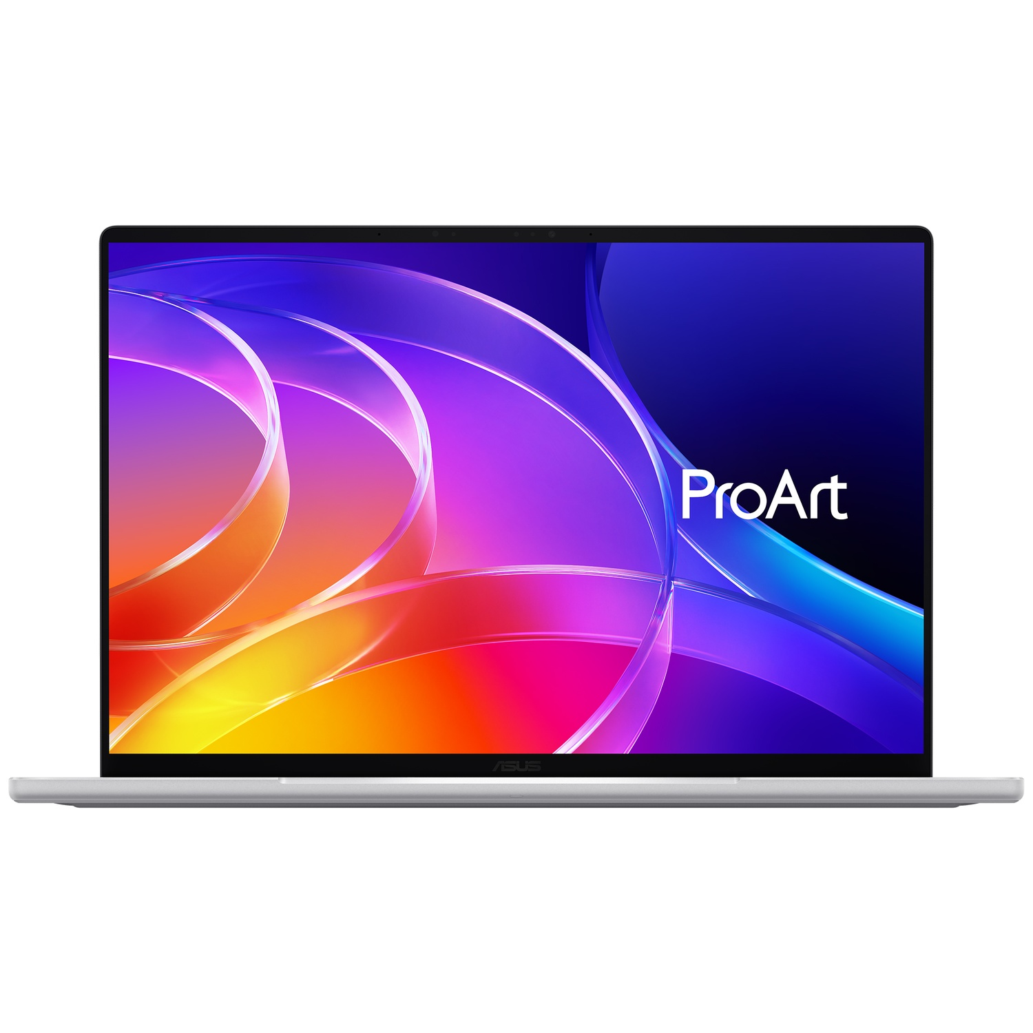 Front view of a silver Asus ProArt laptop showing a colorful abstract background screen with the ProArt logo.