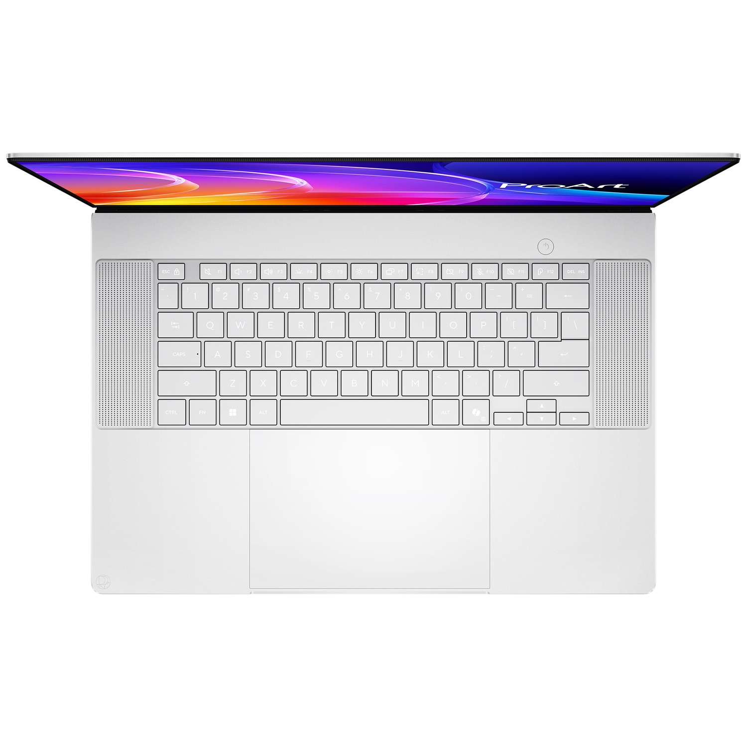Top view of a silver laptop featuring a light keyboard, large trackpad, and colorful screen graphics.