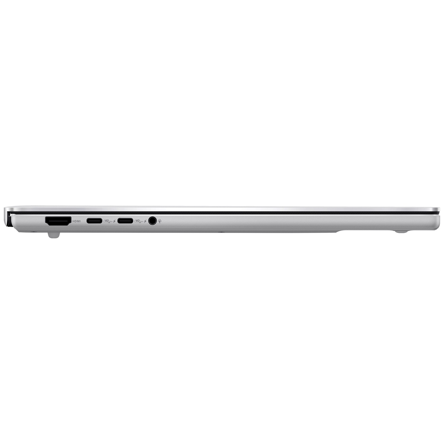 Side view of a silver laptop showing an HDMI port, two USB-C ports, and a headphone jack.